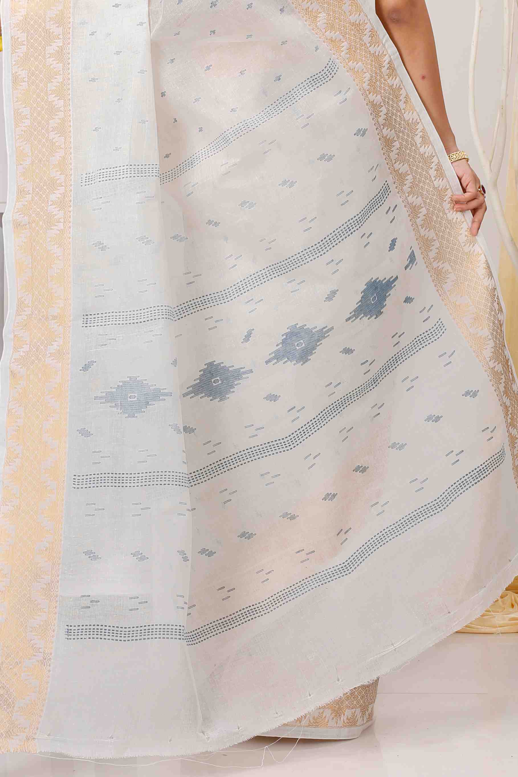 White Blue Pure Cotton Levi Tant Saree Print (1413)