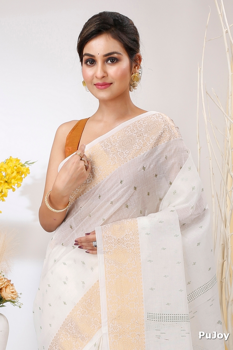 White Green Pure Cotton Levi Tant Saree Print (1414)