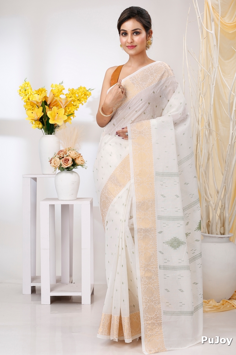 White Green Pure Cotton Levi Tant Saree Print (1414)