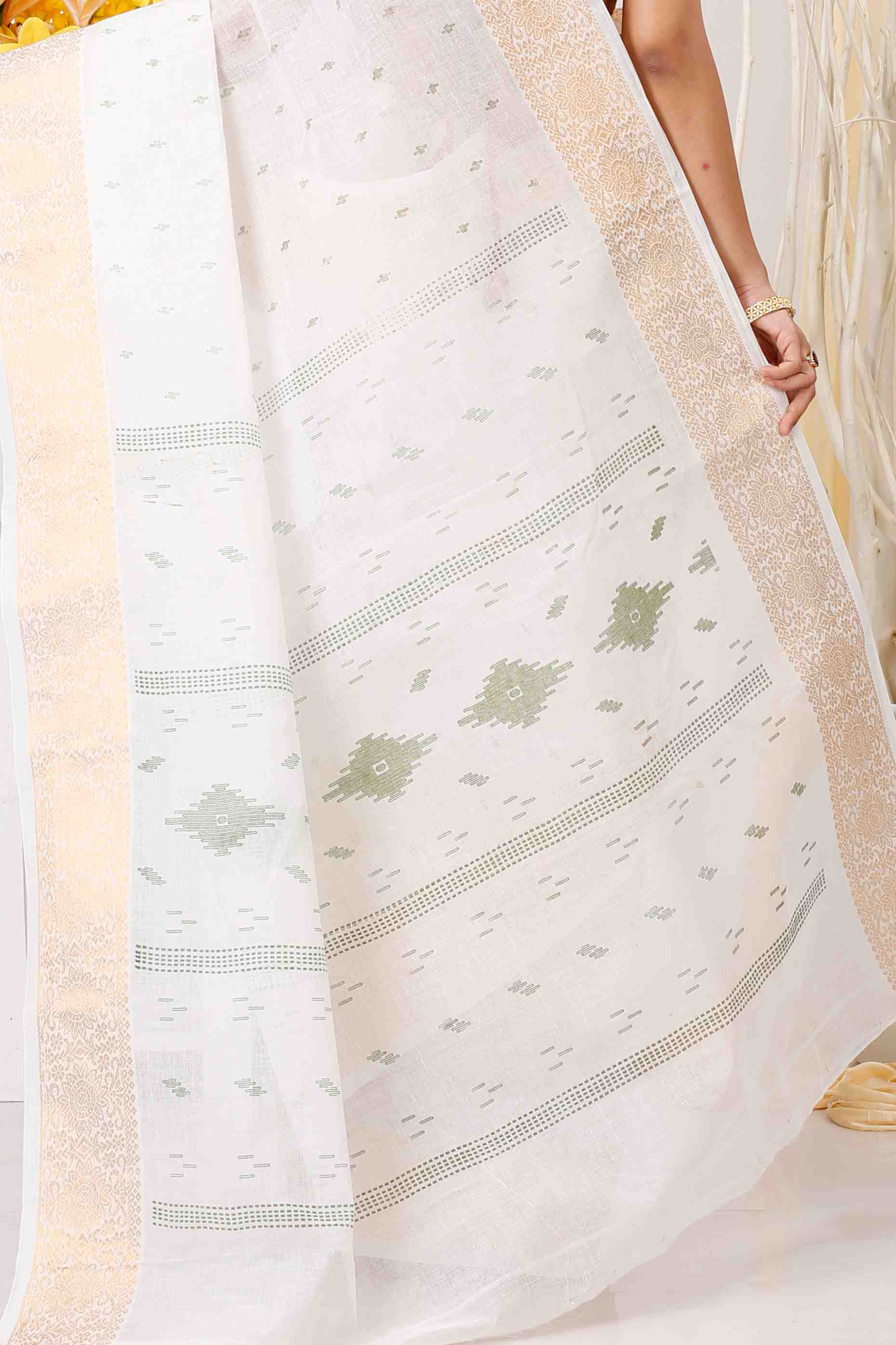 White Green Pure Cotton Levi Tant Saree Print (1414)