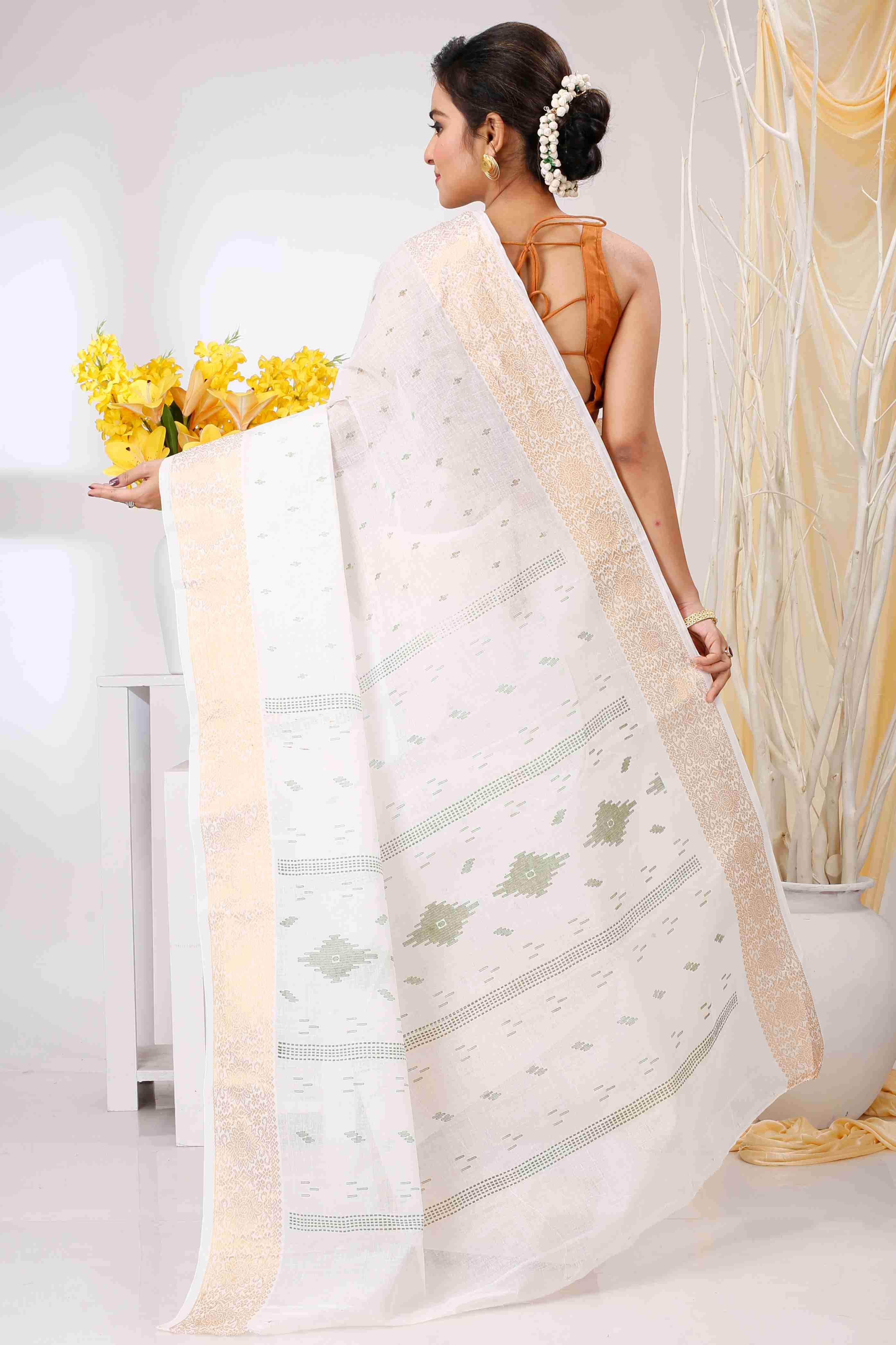 White Green Pure Cotton Levi Tant Saree Print (1414)