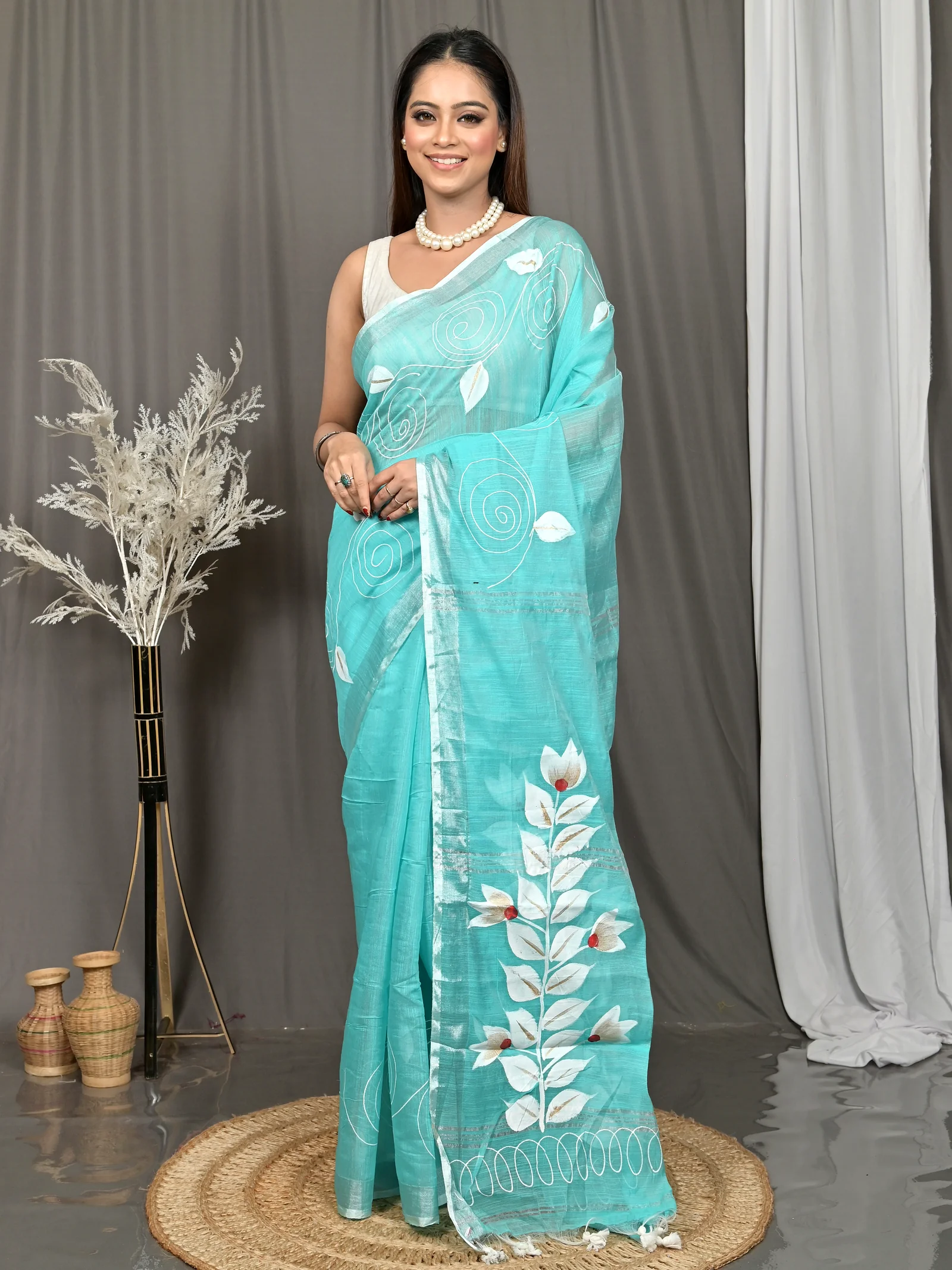 See Blue Cotton Souvar Hand Painted Saree  (142)