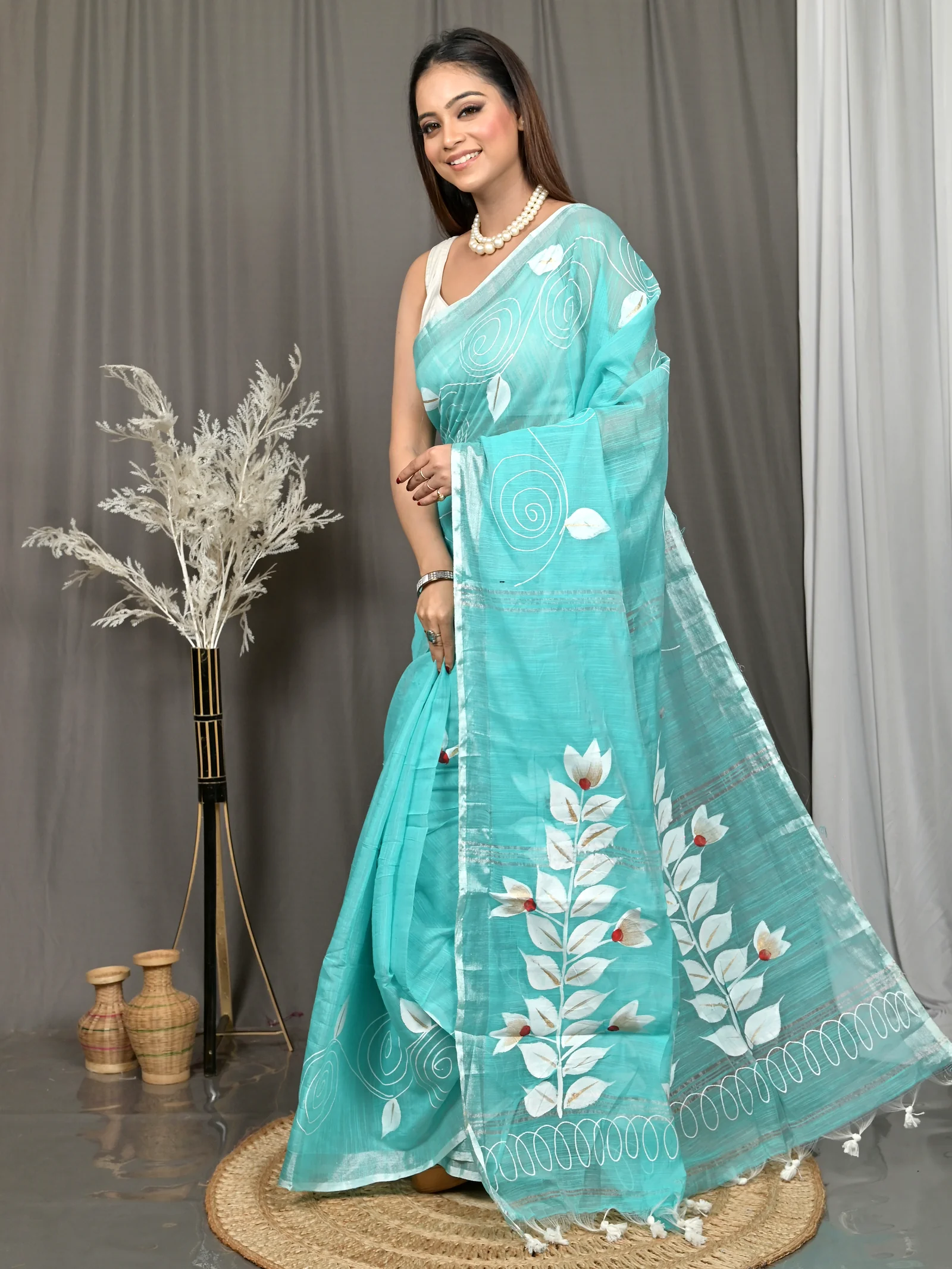 See Blue Cotton Souvar Hand Painted Saree  (142)