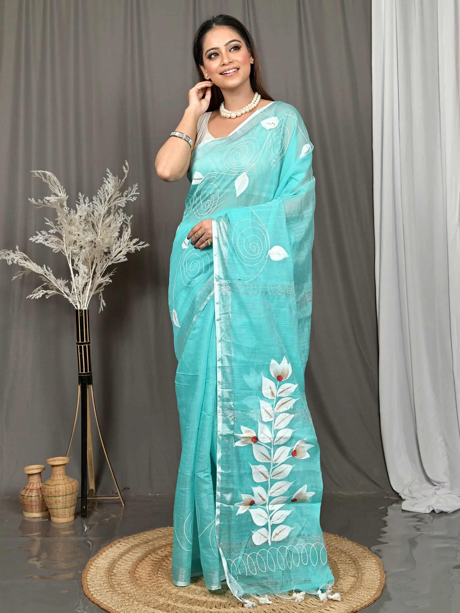 See Blue Cotton Souvar Hand Painted Saree  (142)