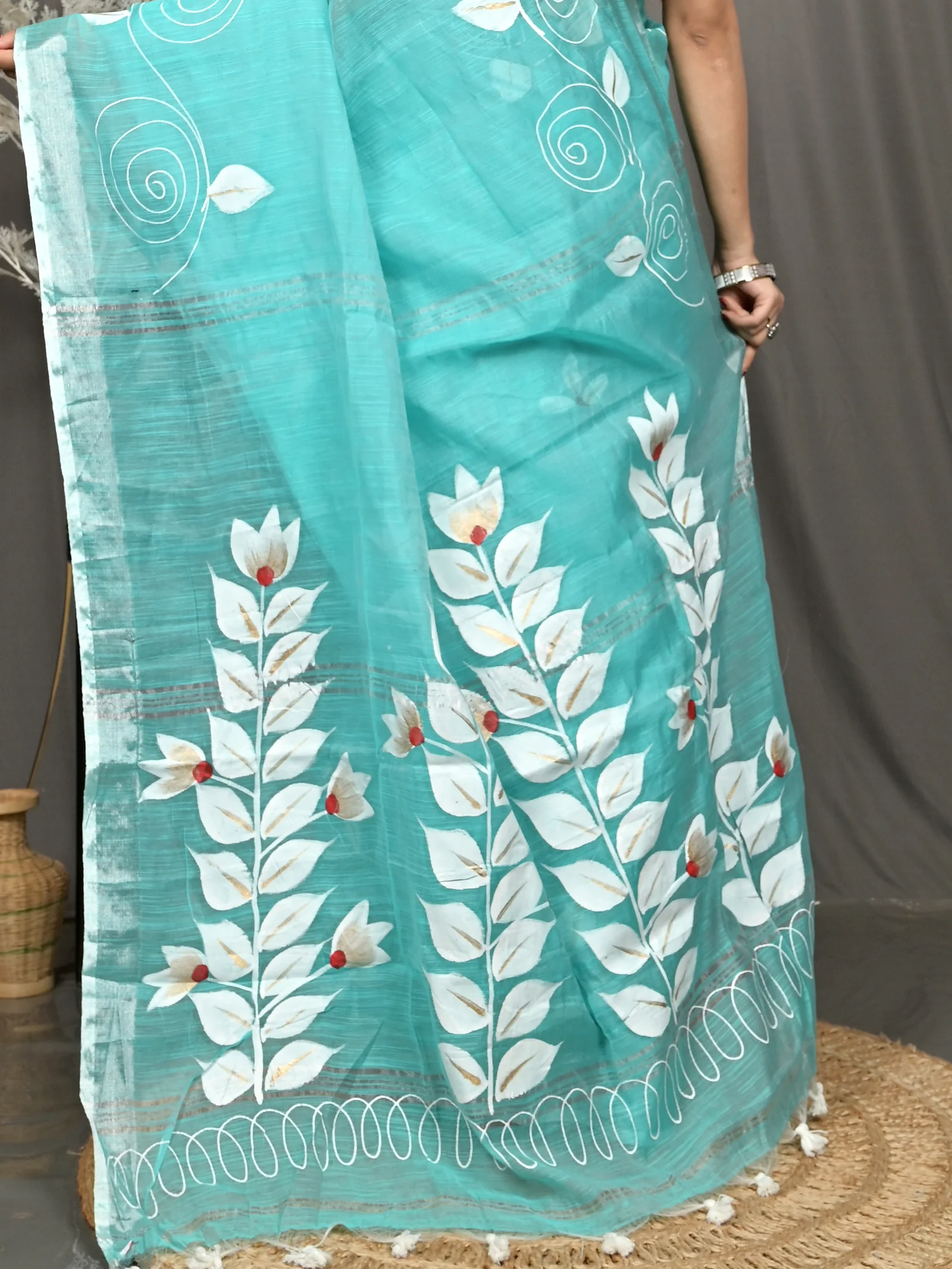 See Blue Cotton Souvar Hand Painted Saree  (142)
