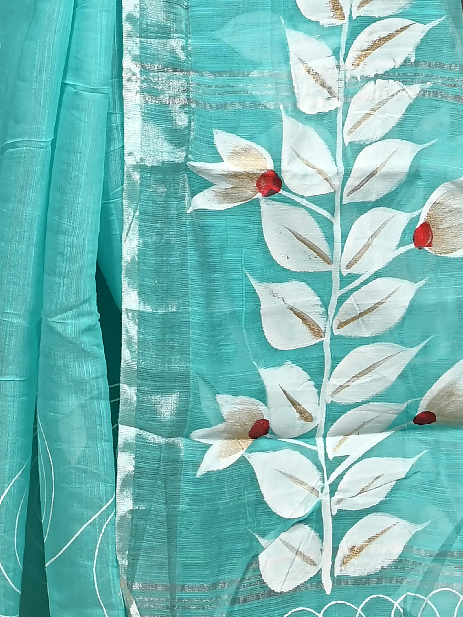 See Blue Cotton Souvar Hand Painted Saree  (142)