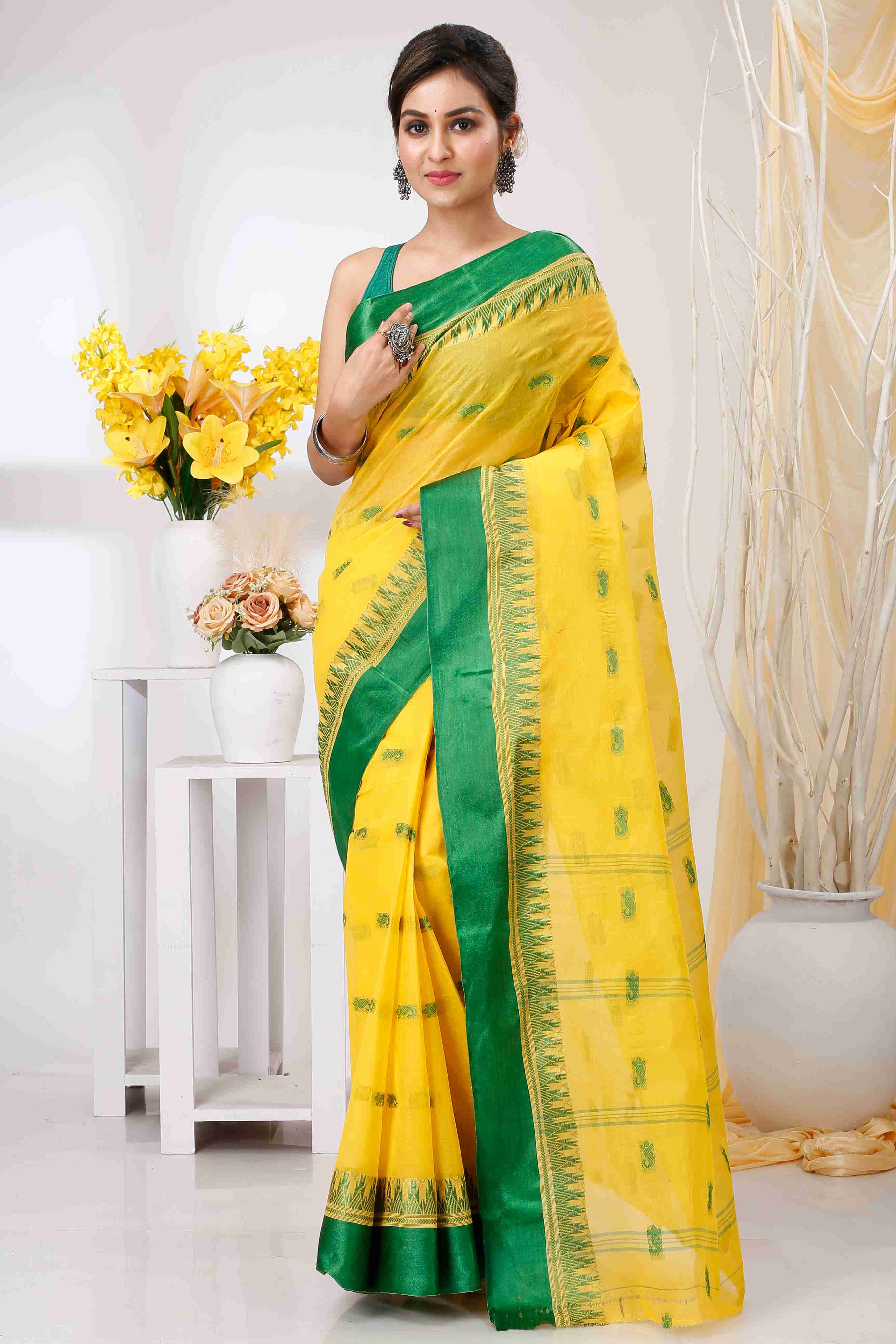 Yellow Green Pure Cotton Lagan Tant Saree (1421)