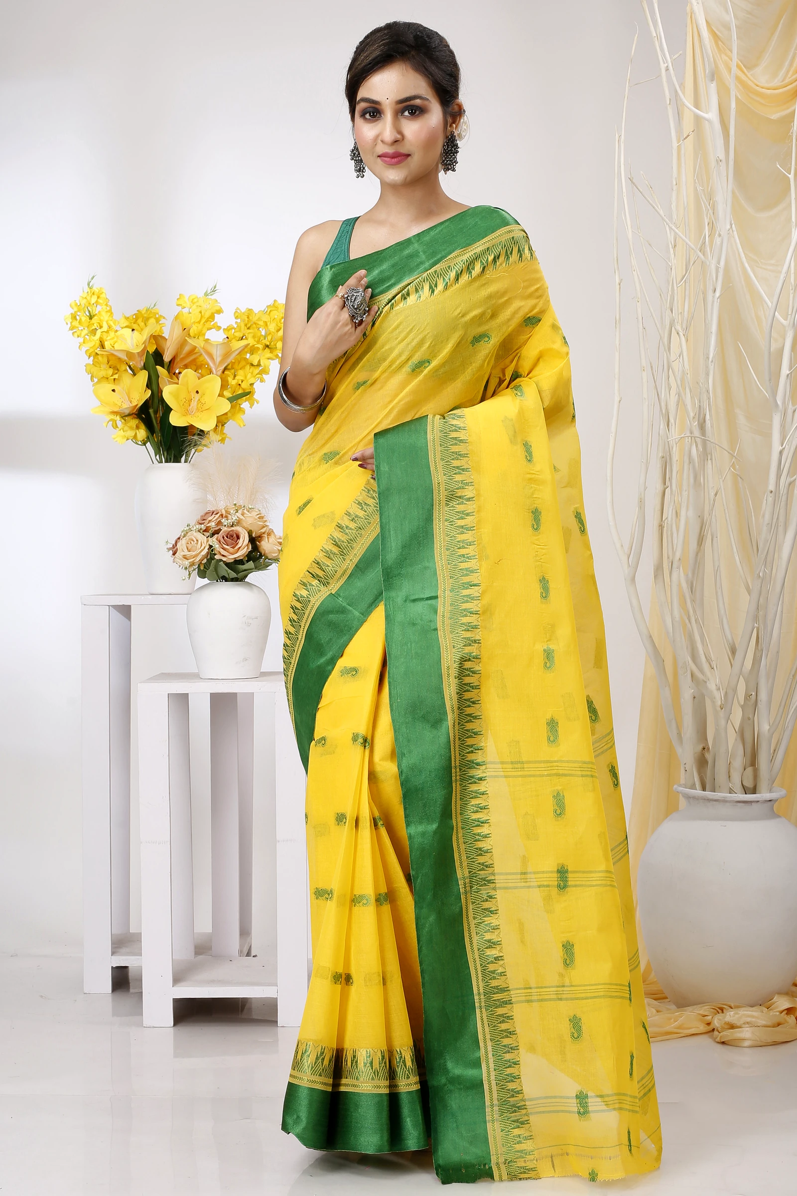 Yellow Green Pure Cotton Lagan Tant Saree (1421)