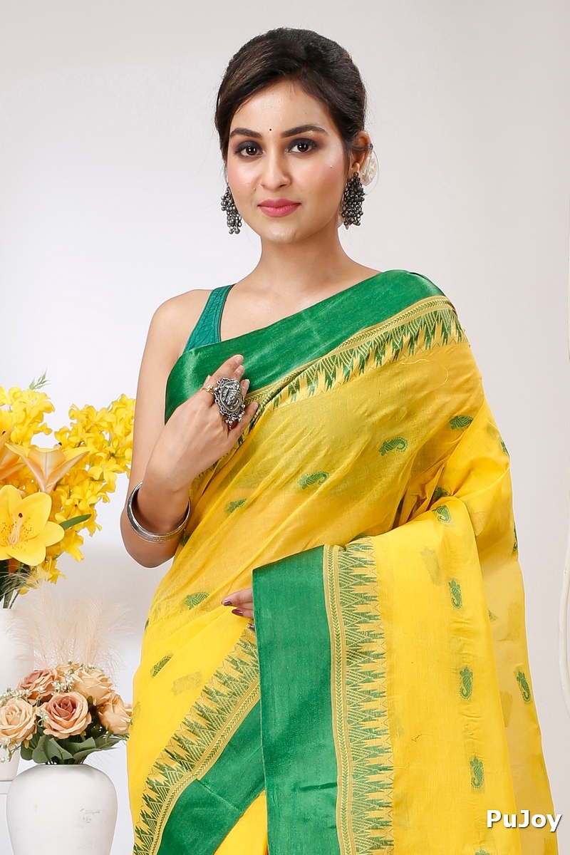 Yellow Green Pure Cotton Lagan Tant Saree (1421)