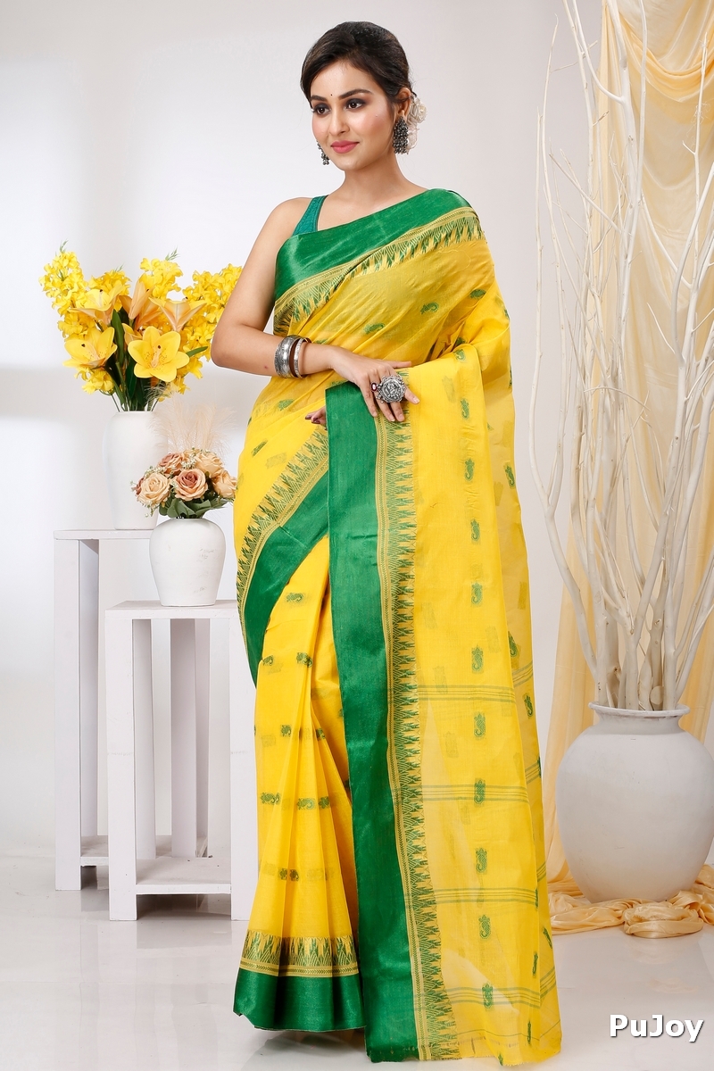 Yellow Green Pure Cotton Lagan Tant Saree (1421)