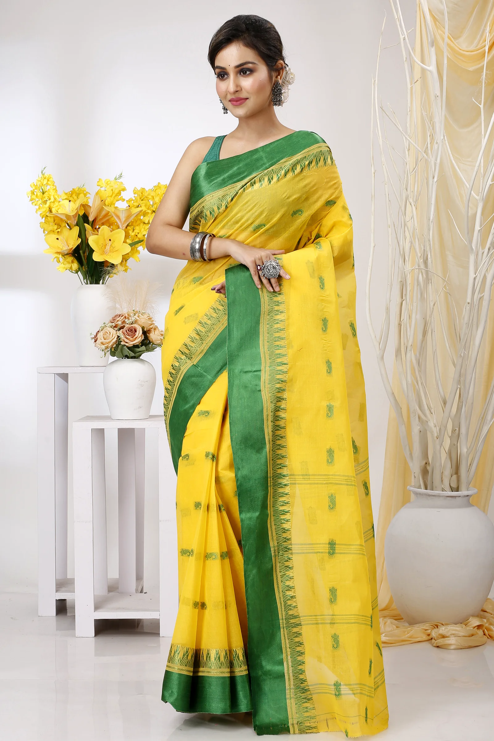 Yellow Green Pure Cotton Lagan Tant Saree (1421)