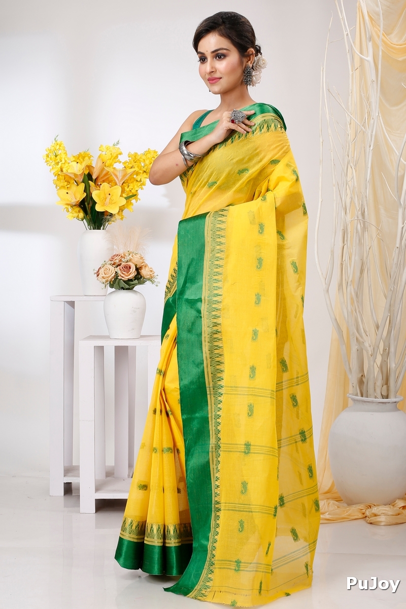Yellow Green Pure Cotton Lagan Tant Saree (1421)