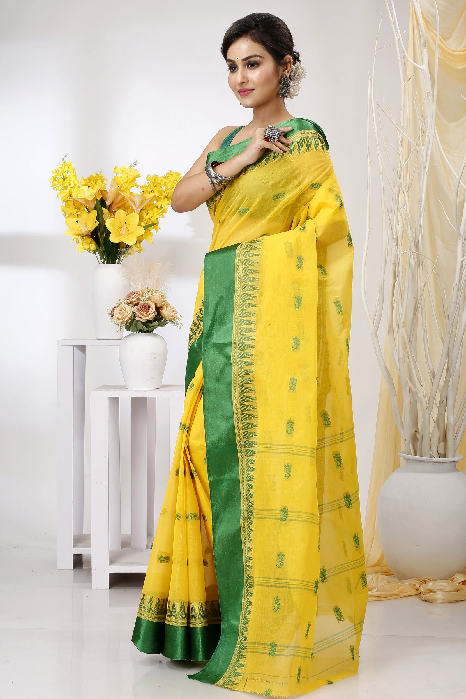 Yellow Green Pure Cotton Lagan Tant Saree (1421)