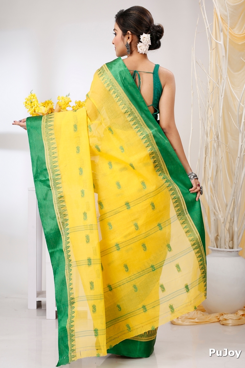 Yellow Green Pure Cotton Lagan Tant Saree (1421)