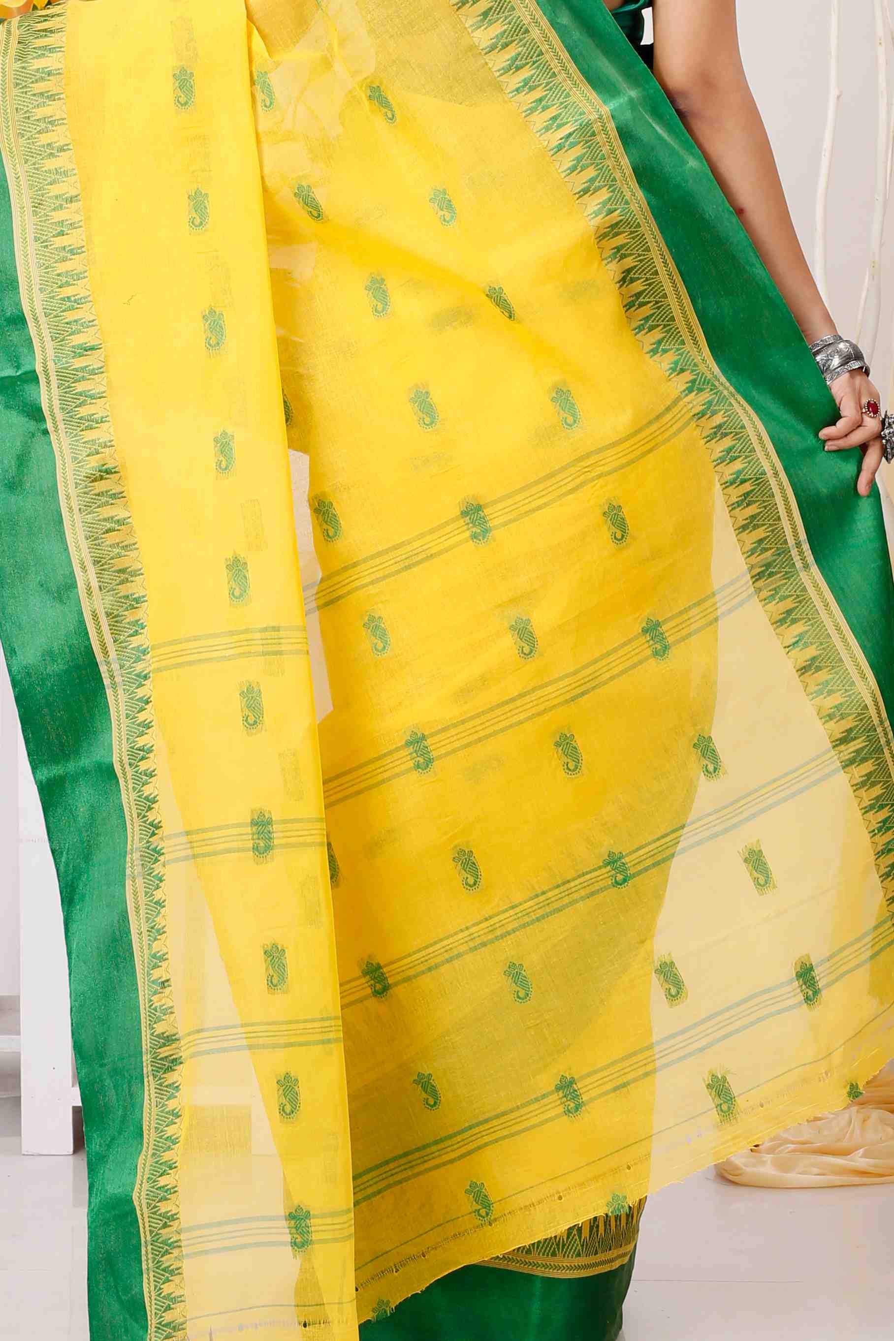 Yellow Green Pure Cotton Lagan Tant Saree (1421)