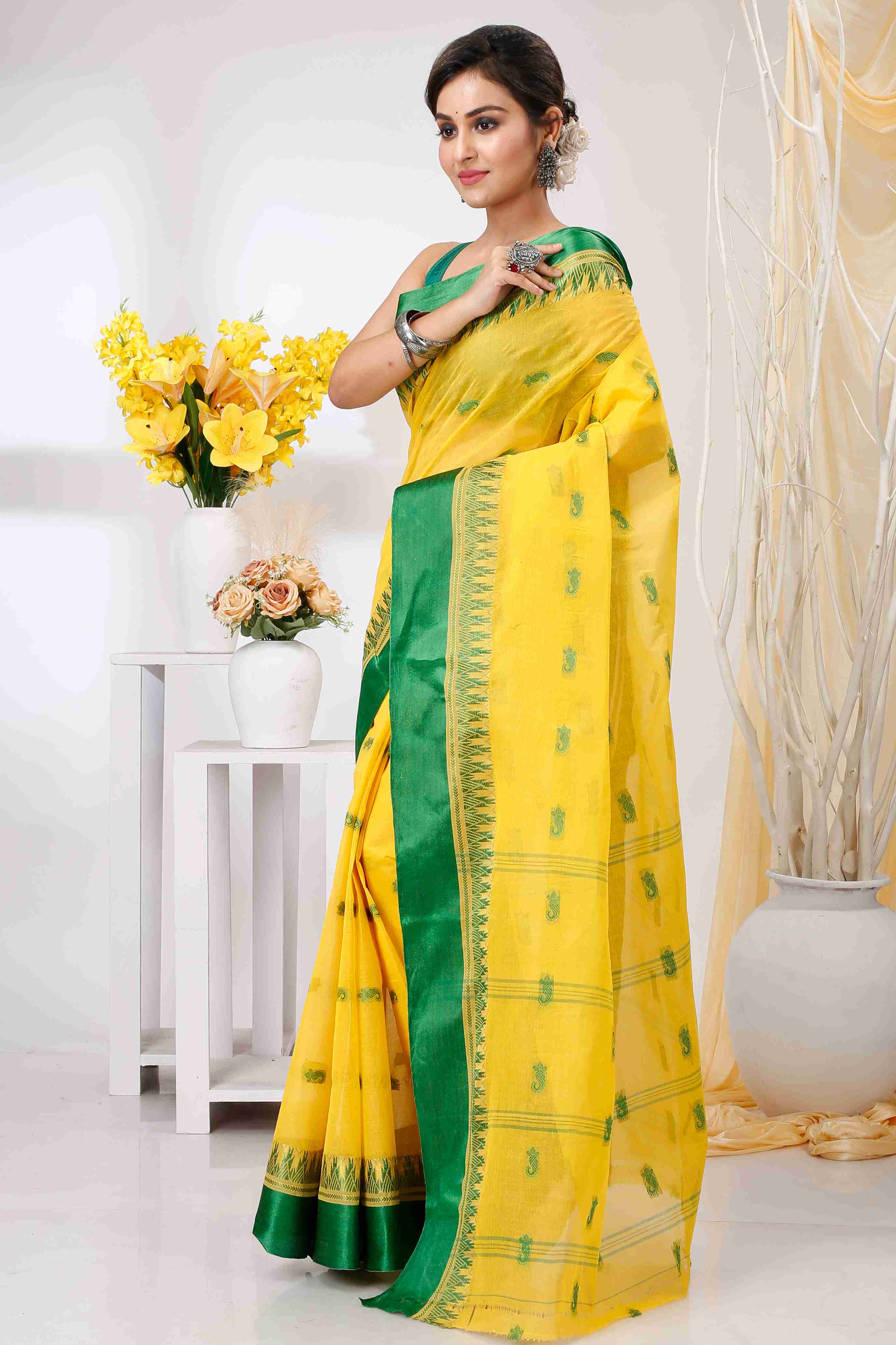 Yellow Green Pure Cotton Lagan Tant Saree (1421)