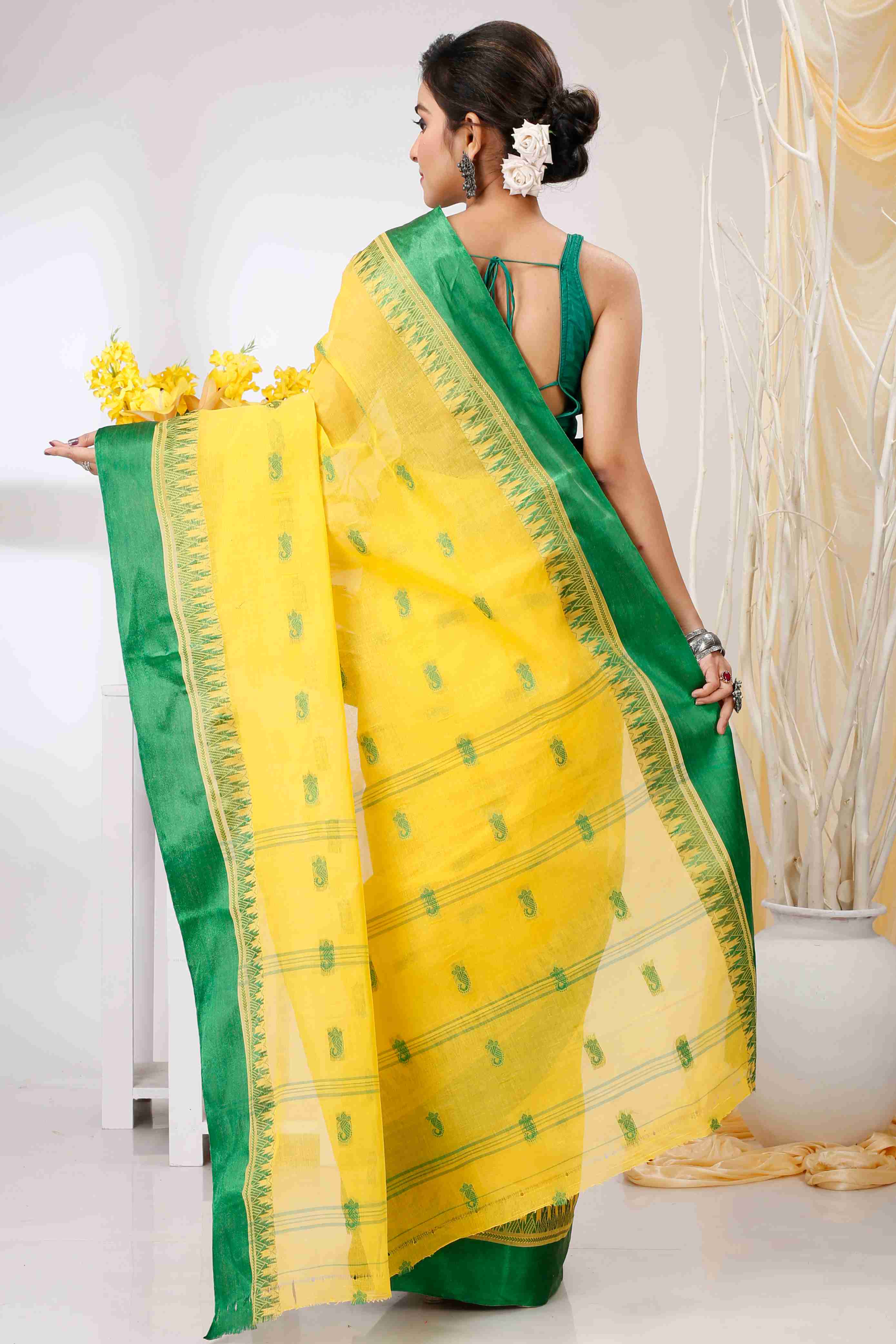Yellow Green Pure Cotton Lagan Tant Saree (1421)