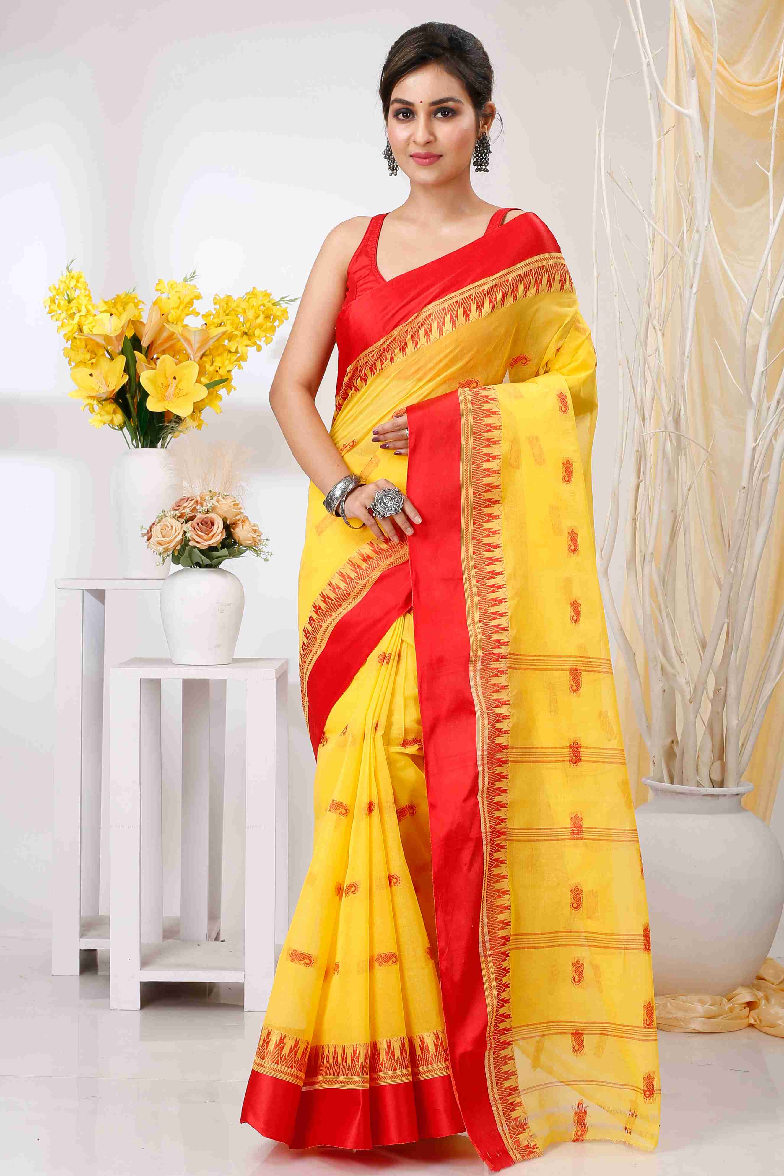 Yellow Red Pure Cotton Lagan Tant Saree (1422)