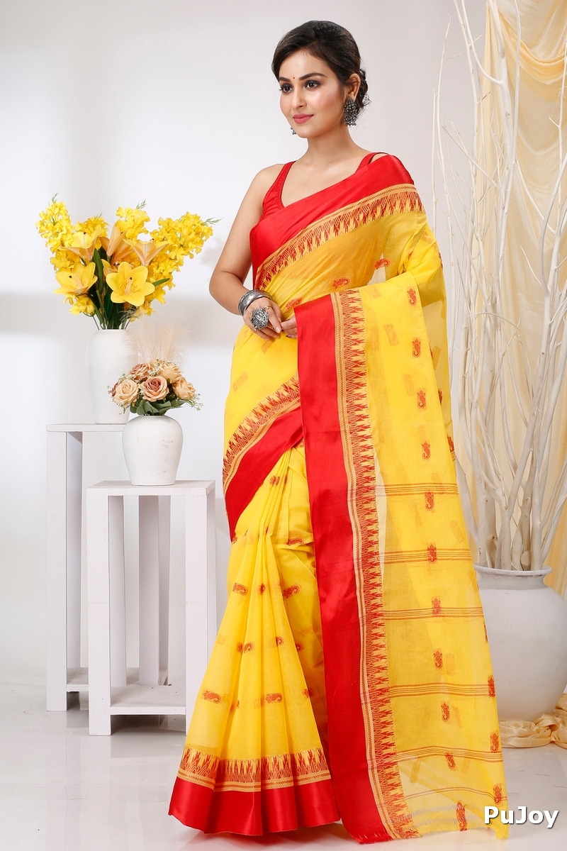 Yellow Red Pure Cotton Lagan Tant Saree (1422)
