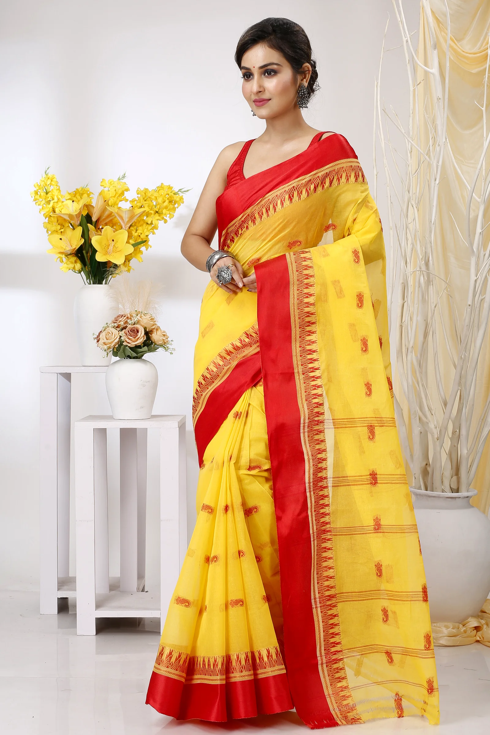 Yellow Red Pure Cotton Lagan Tant Saree (1422)