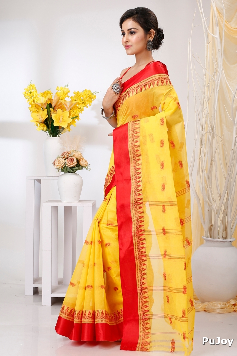 Yellow Red Pure Cotton Lagan Tant Saree (1422)