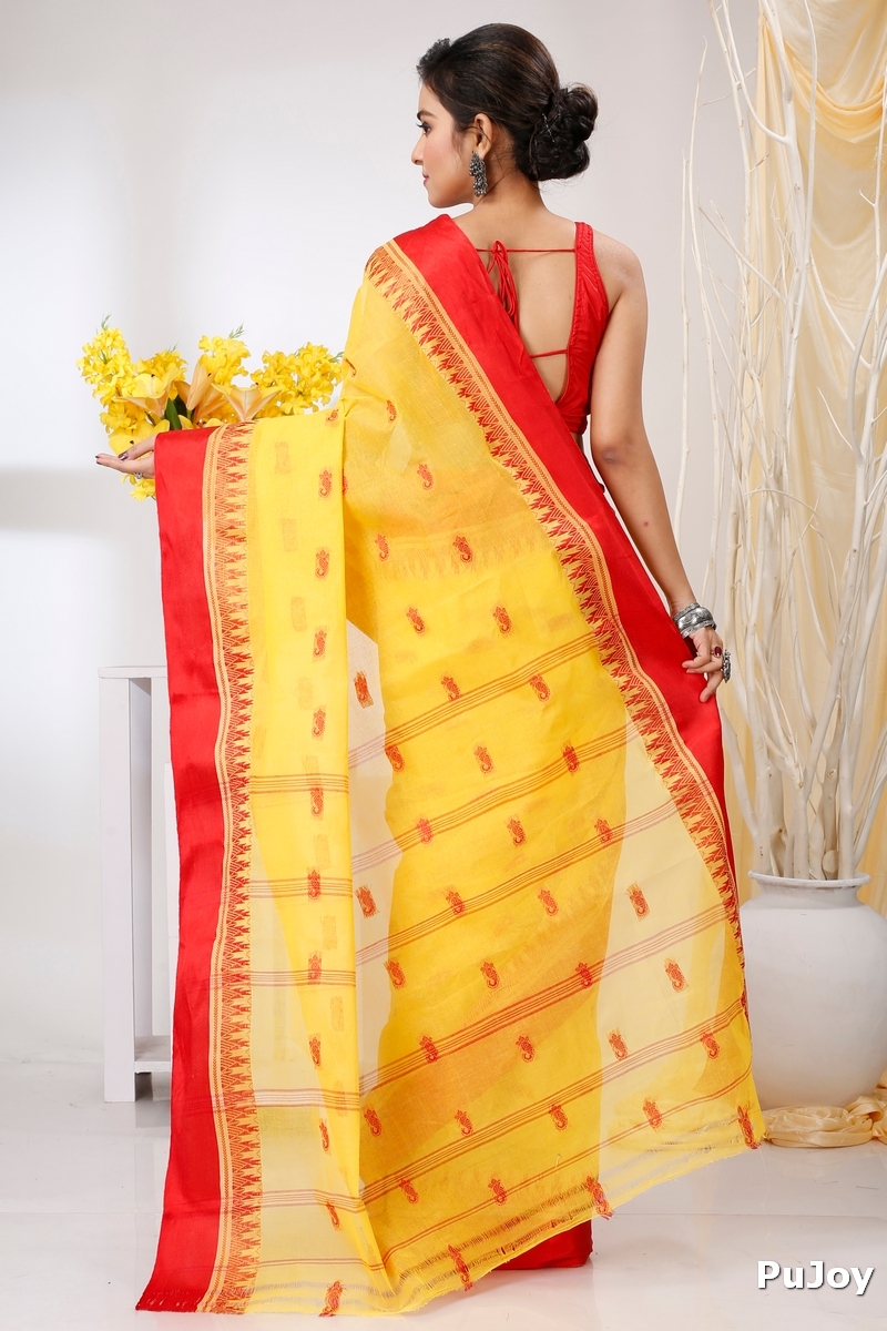 Yellow Red Pure Cotton Lagan Tant Saree (1422)