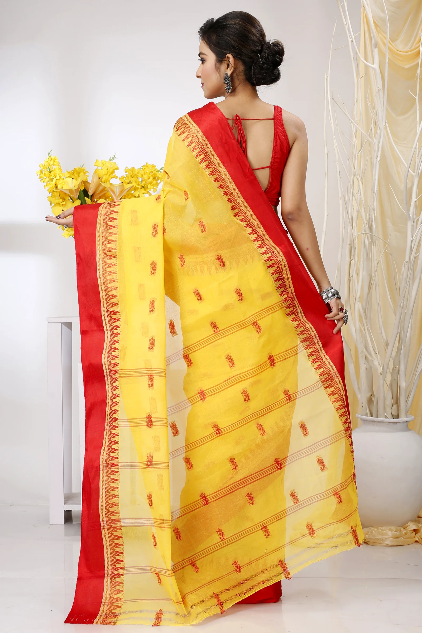 Yellow Red Pure Cotton Lagan Tant Saree (1422)
