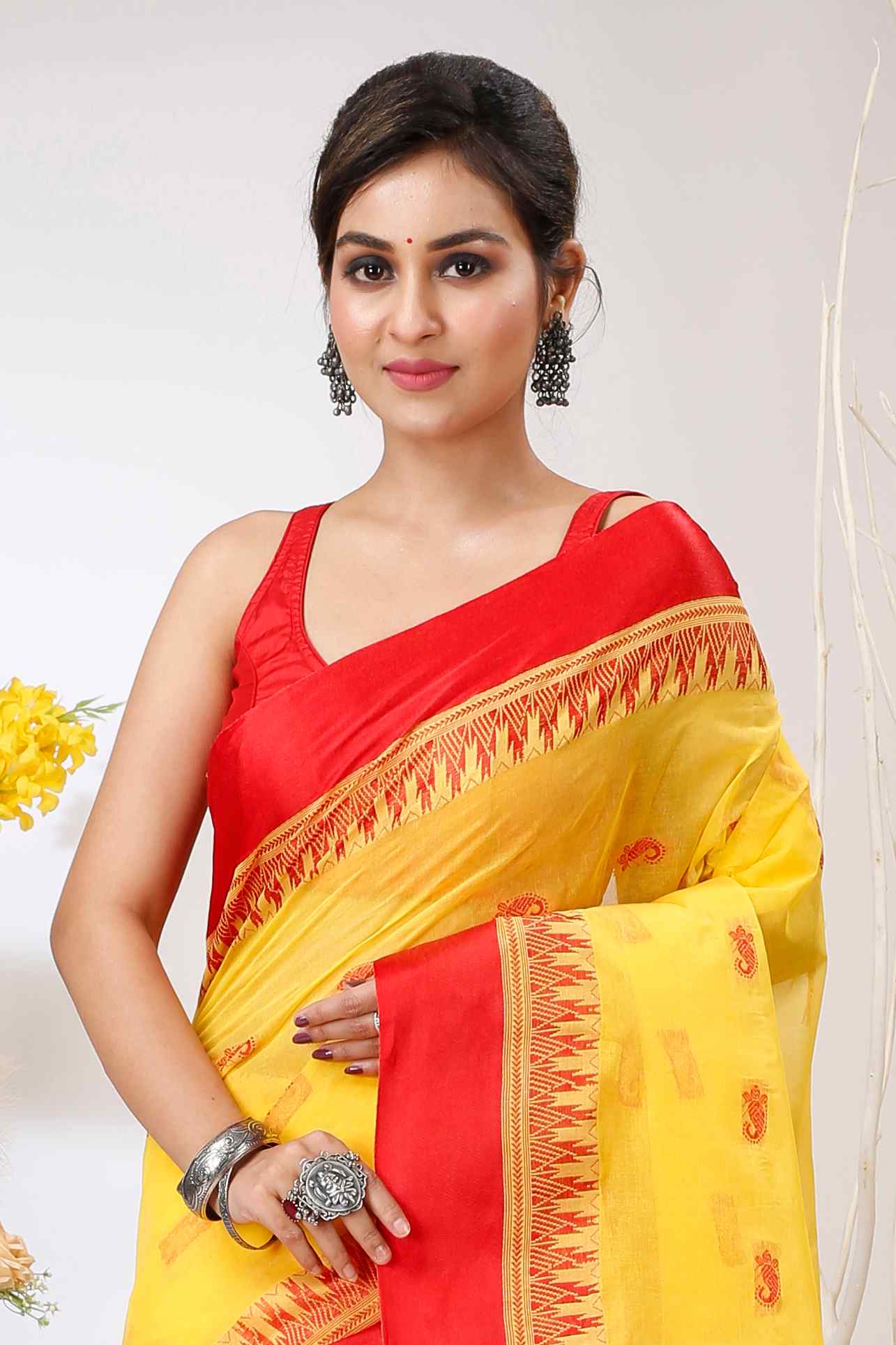 Yellow Red Pure Cotton Lagan Tant Saree (1422)