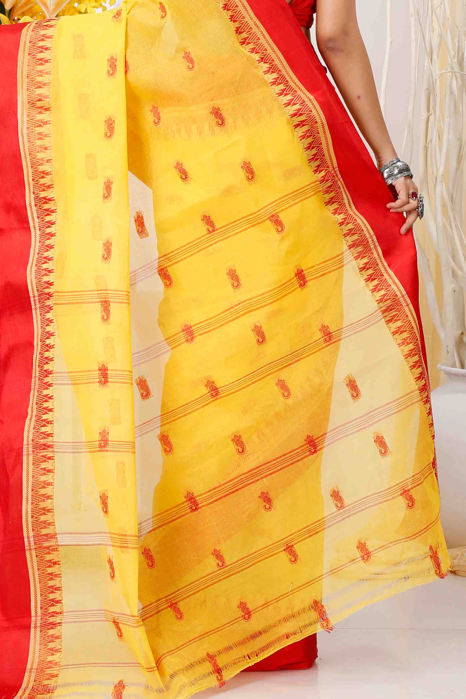 Yellow Red Pure Cotton Lagan Tant Saree (1422)