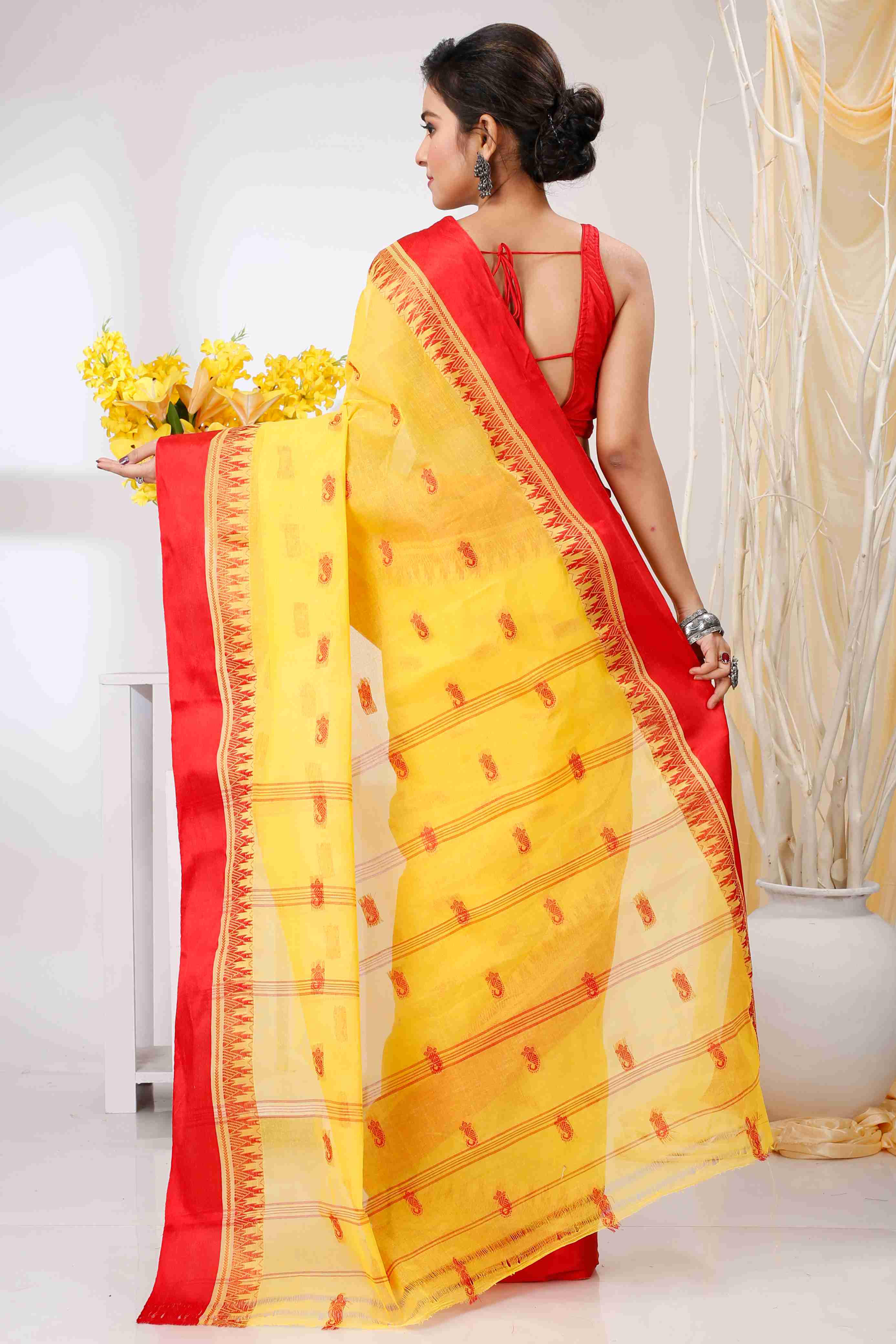 Yellow Red Pure Cotton Lagan Tant Saree (1422)