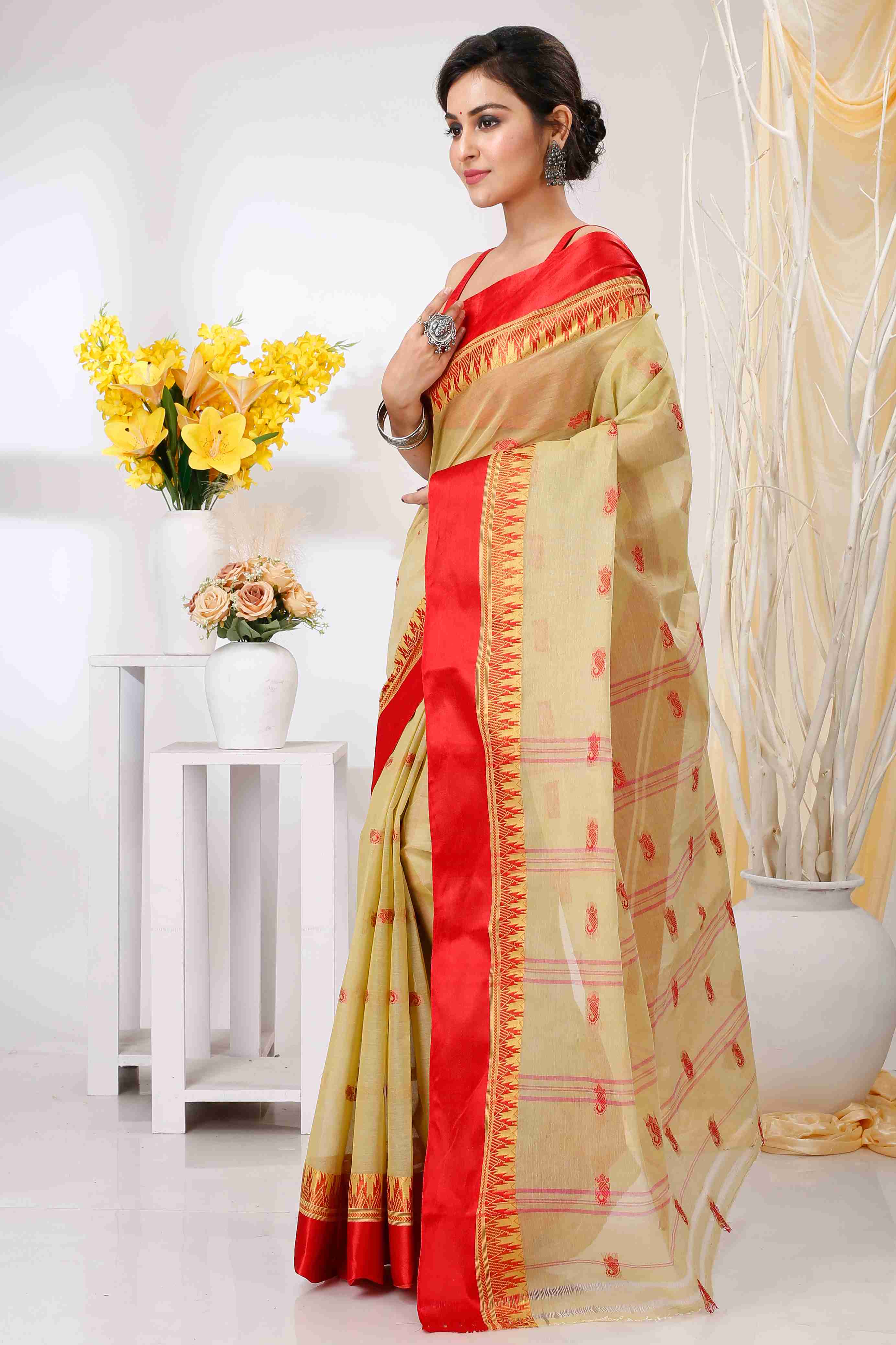 Light Brown Pure Cotton Lagan Tant Saree (1423)