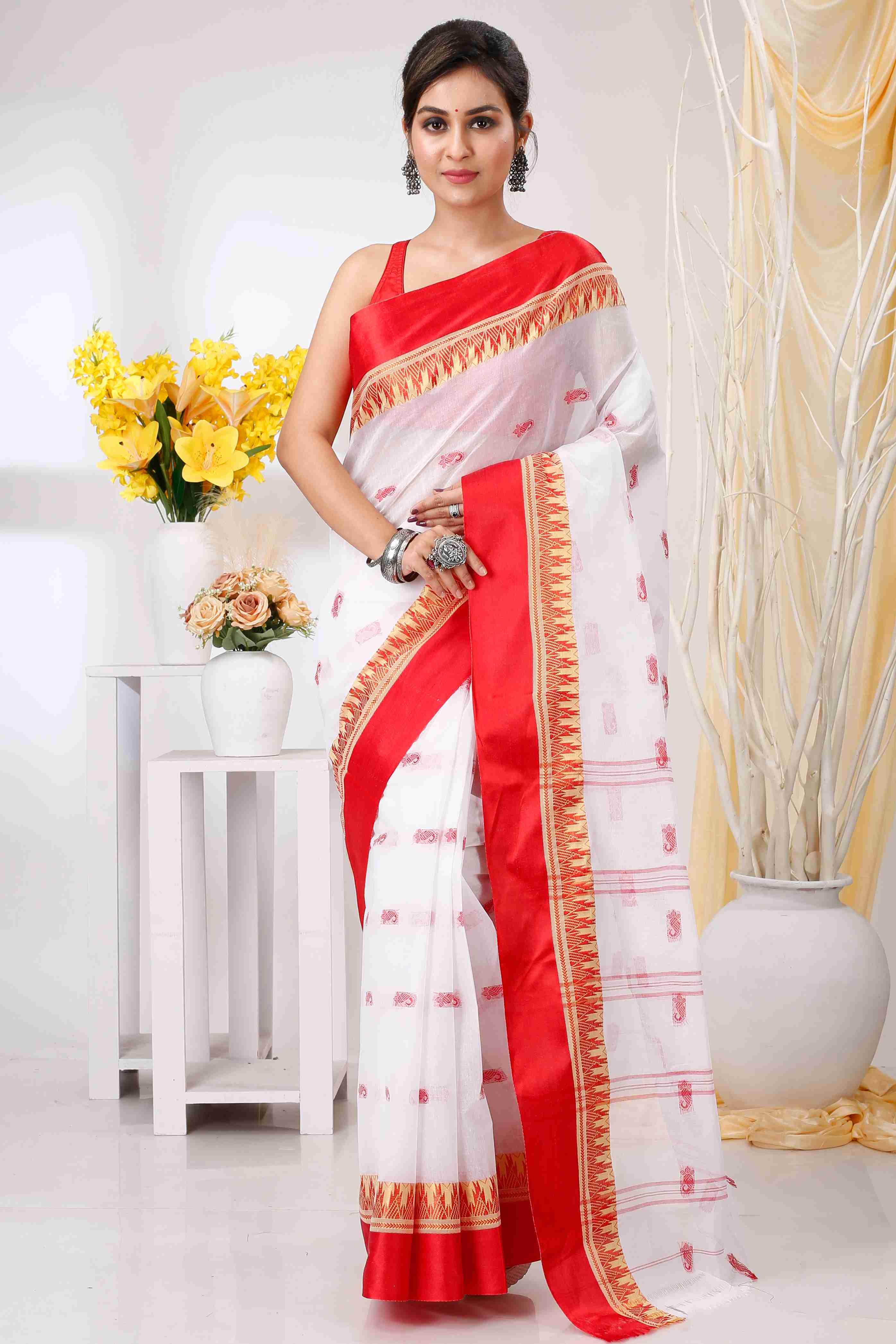 White Red Pure Cotton Lagan Tant Saree (1424)