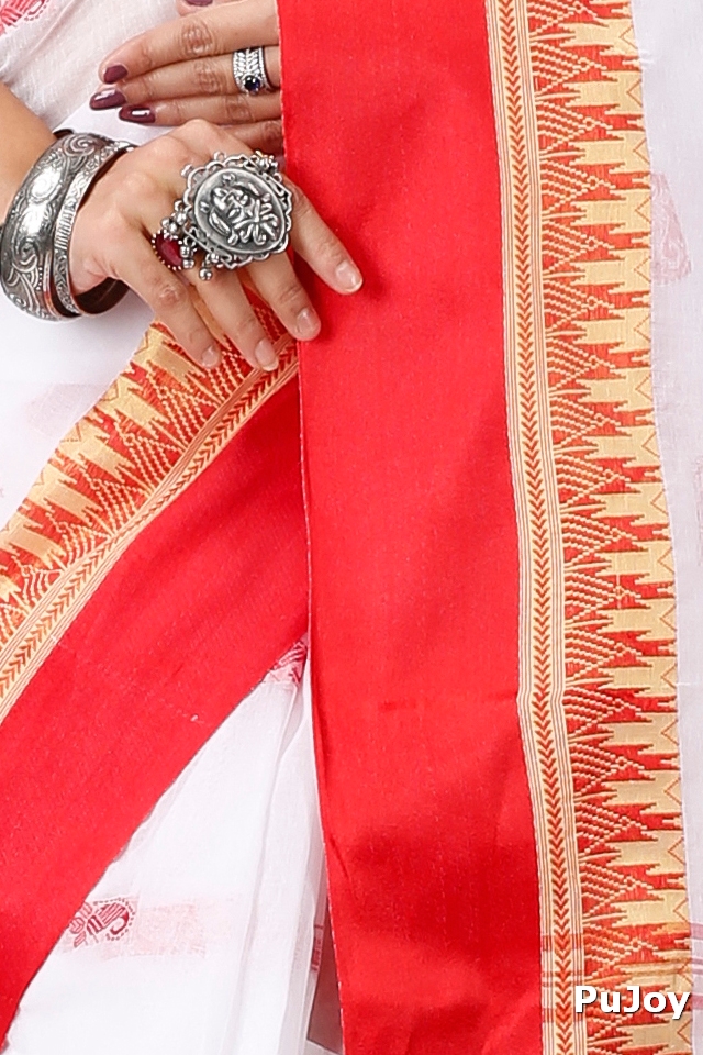 White Red Pure Cotton Lagan Tant Saree (1424)