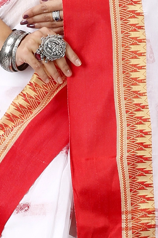 White Red Pure Cotton Lagan Tant Saree (1424)