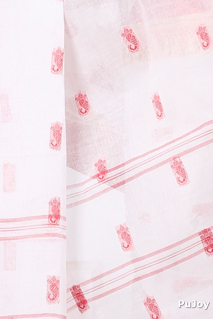 White Red Pure Cotton Lagan Tant Saree (1424)
