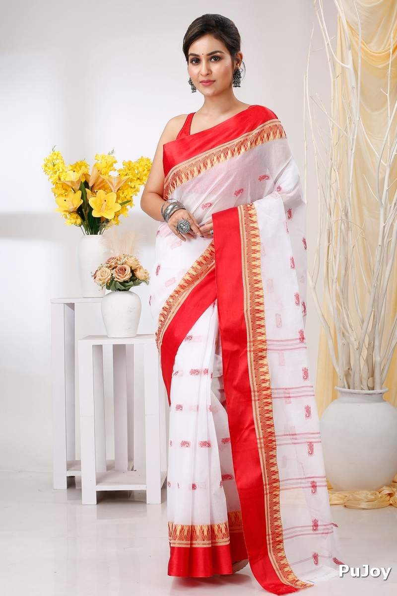 White Red Pure Cotton Lagan Tant Saree (1424)