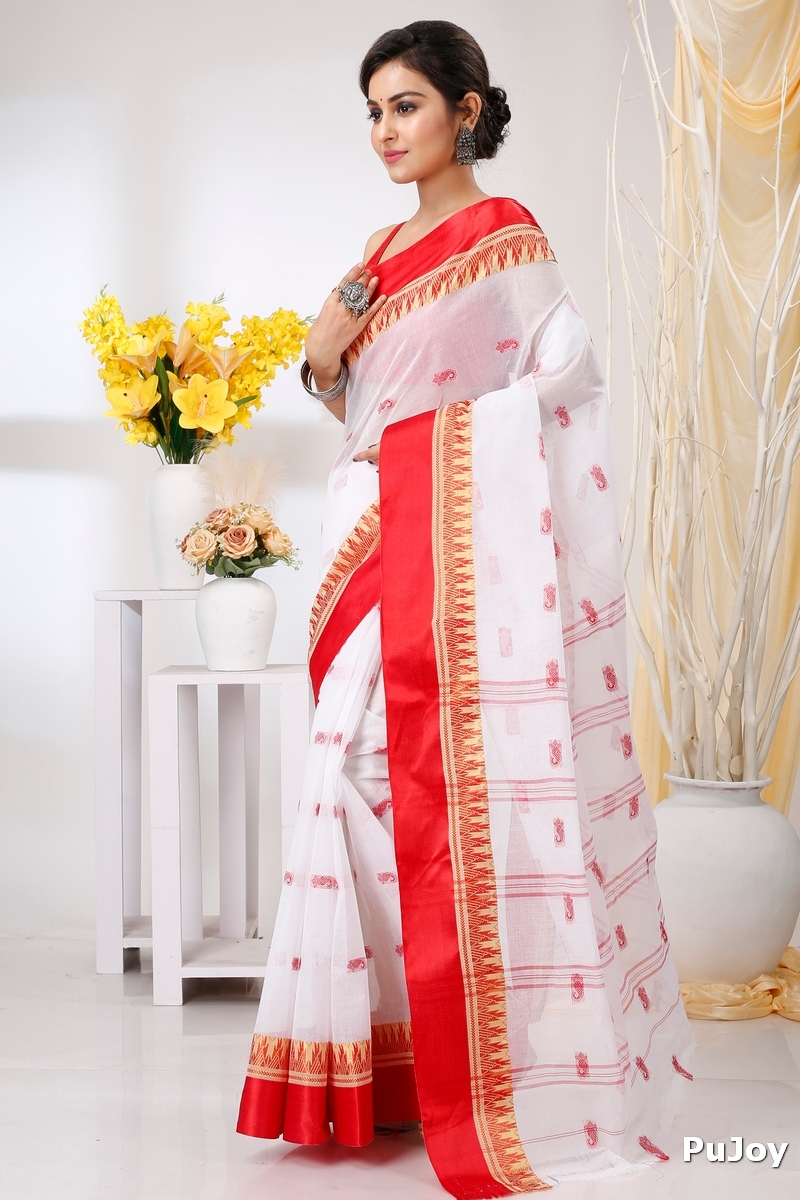 White Red Pure Cotton Lagan Tant Saree (1424)