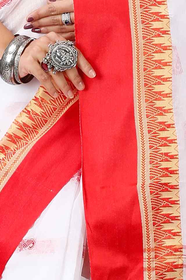 White Red Pure Cotton Lagan Tant Saree (1424)