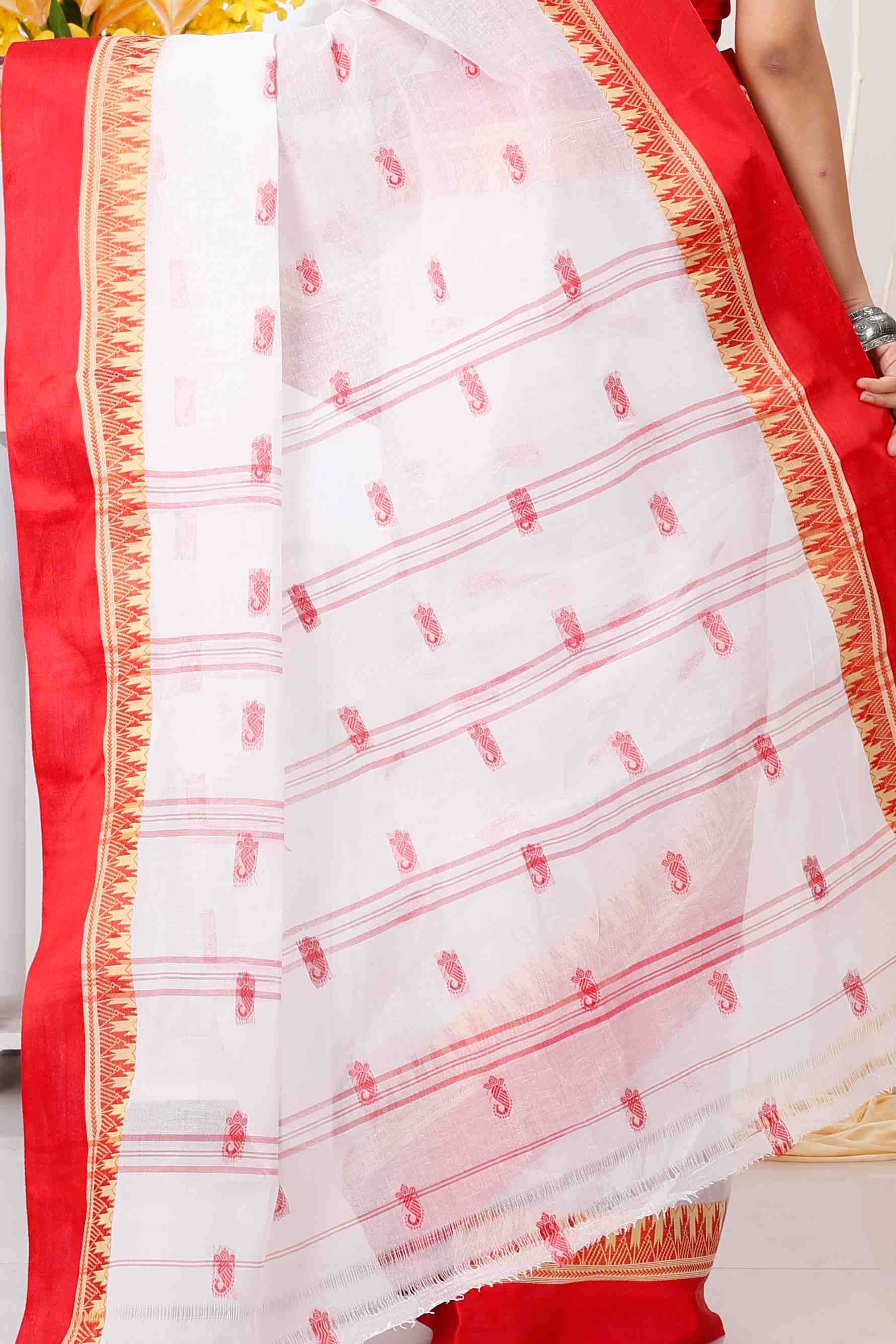 White Red Pure Cotton Lagan Tant Saree (1424)