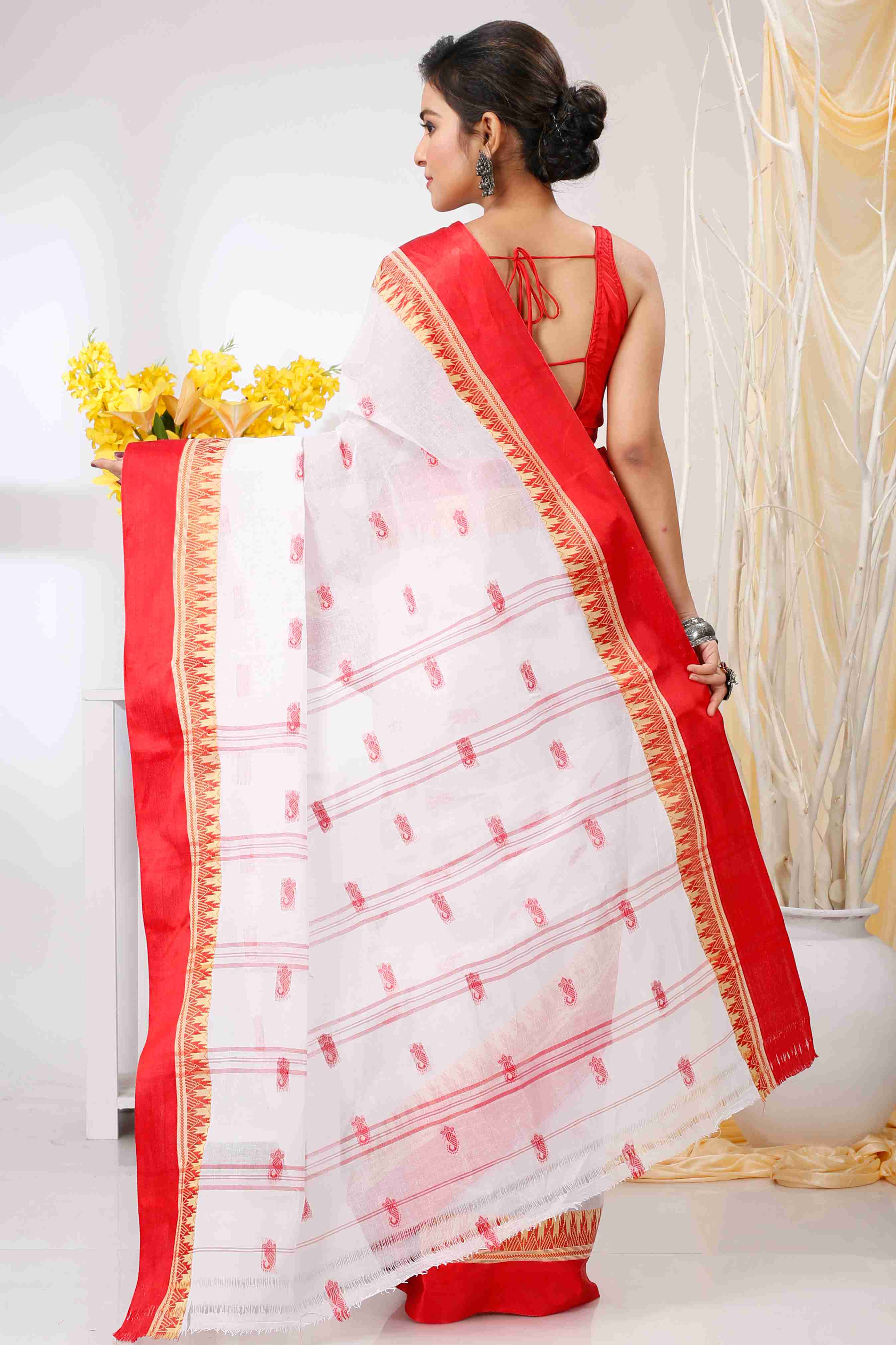 White Red Pure Cotton Lagan Tant Saree (1424)