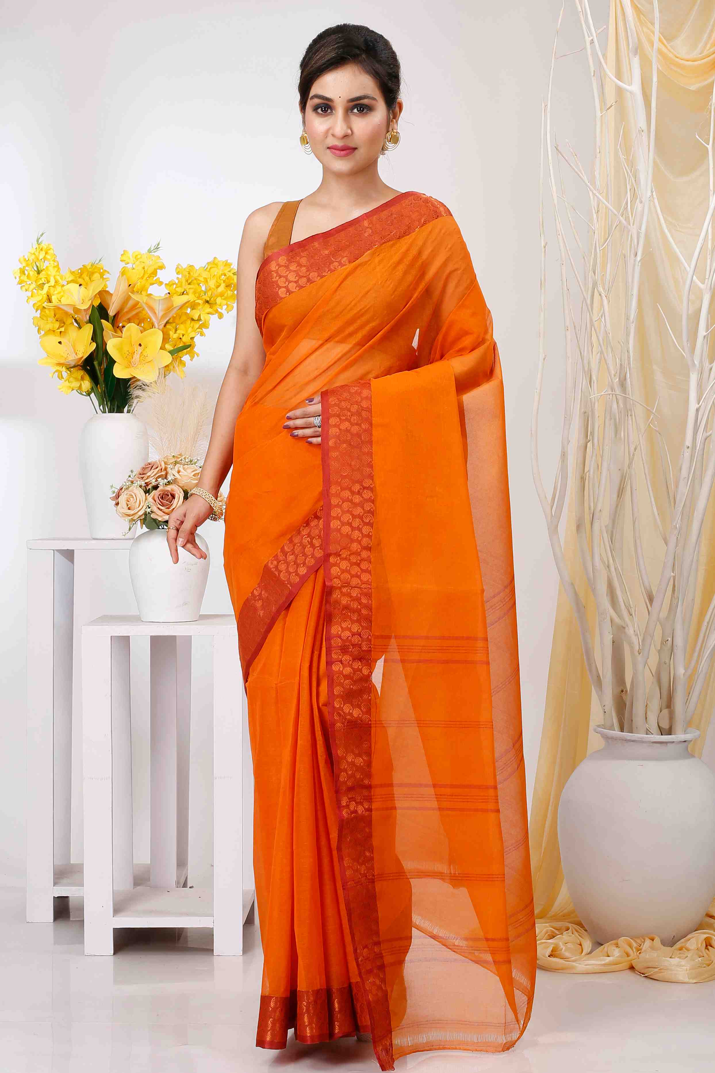 Orange Pure Cotton Lilan Tant Saree (1425)