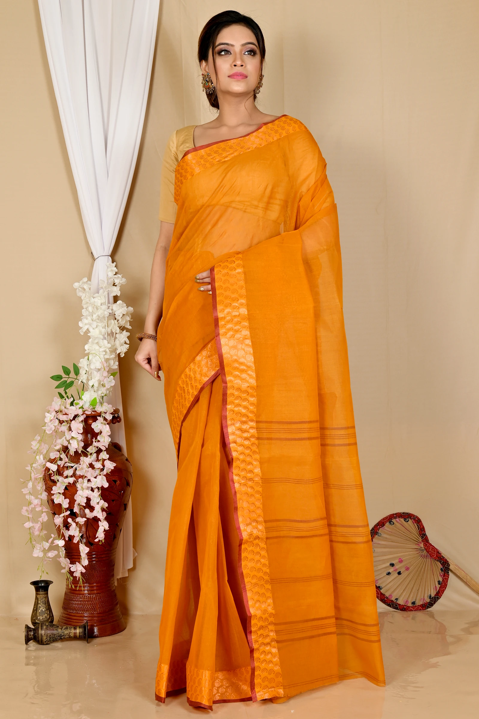 Orange Pure Cotton Lilan Tant Saree (1425)