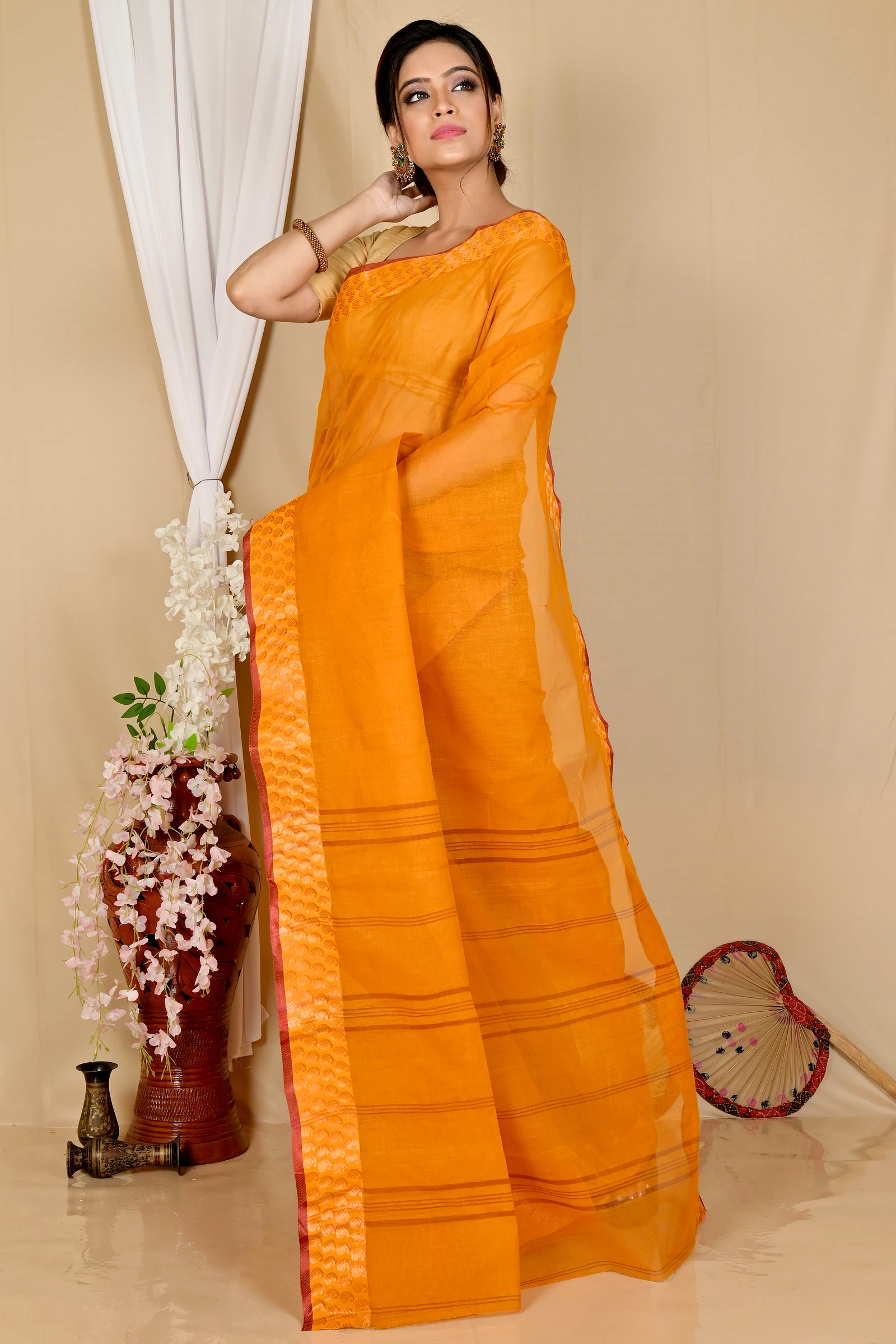 Orange Pure Cotton Lilan Tant Saree (1425)