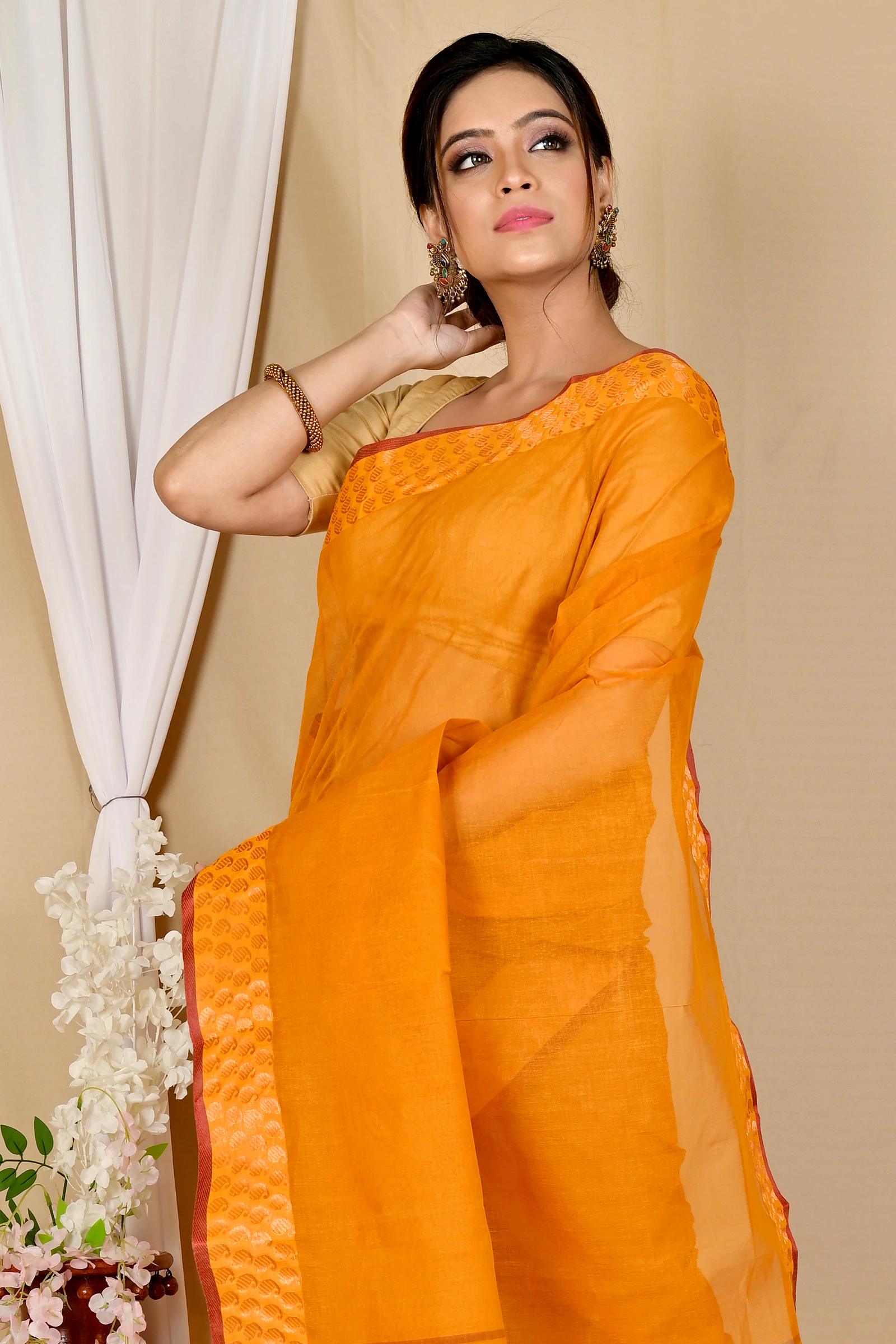 Orange Pure Cotton Lilan Tant Saree (1425)