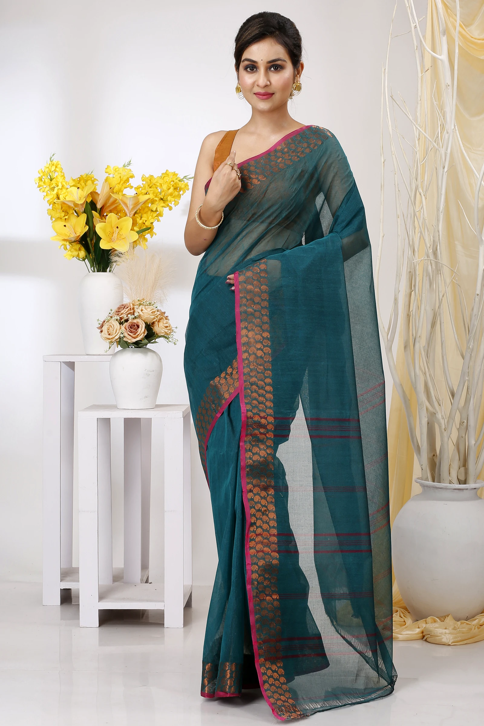 Green Pure Cotton Lilan Tant Saree (1426)