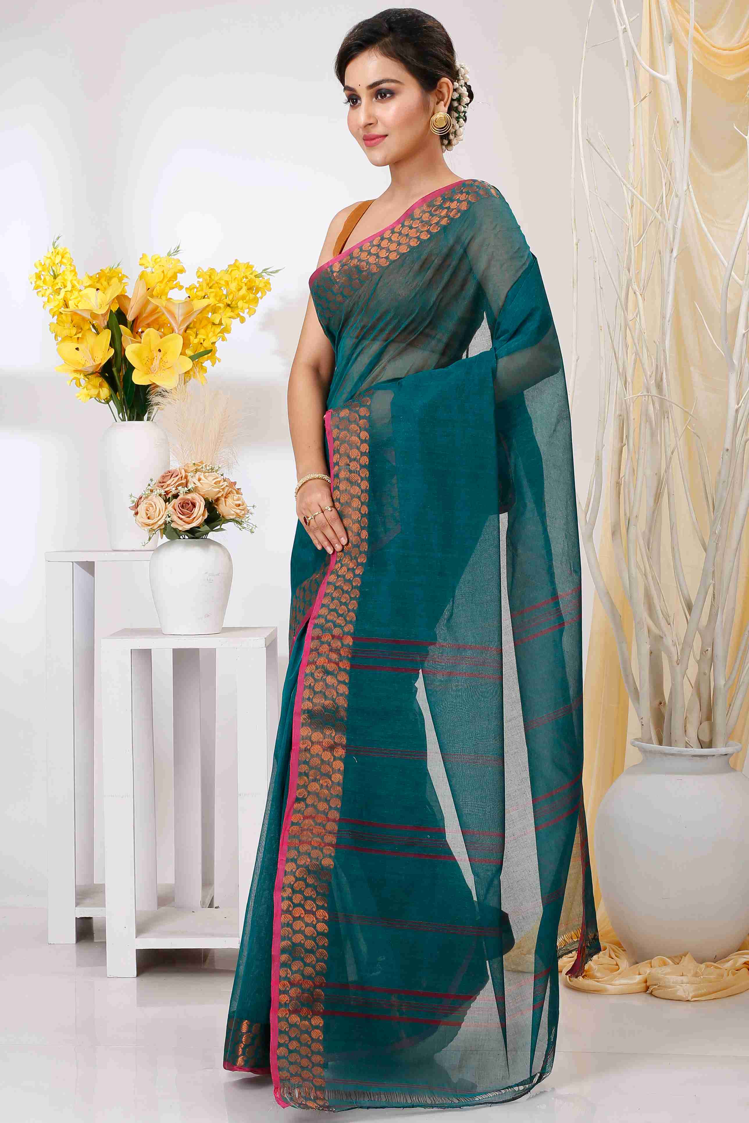 Green Pure Cotton Lilan Tant Saree (1426)
