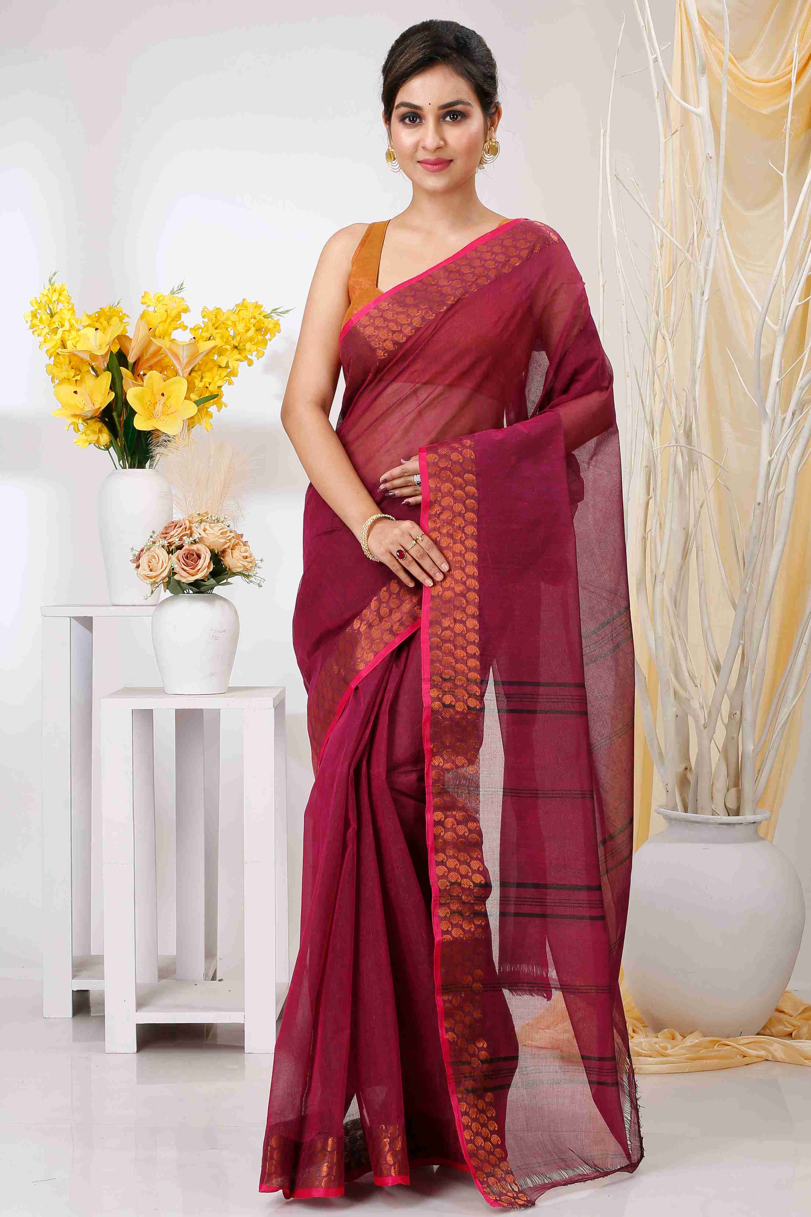 Maroon Pure Cotton Lilan Tant Saree (1427)