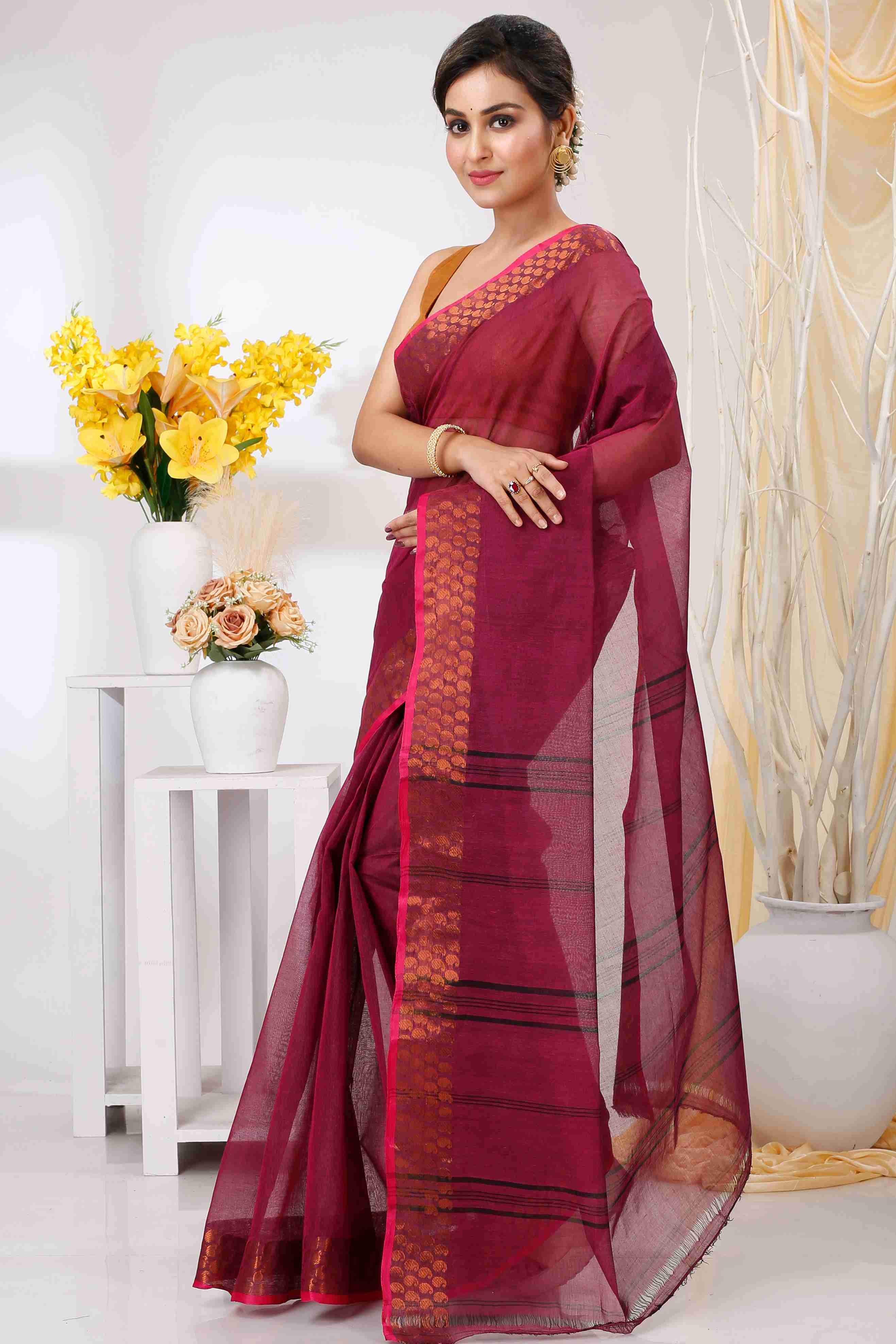 Maroon Pure Cotton Lilan Tant Saree (1427)