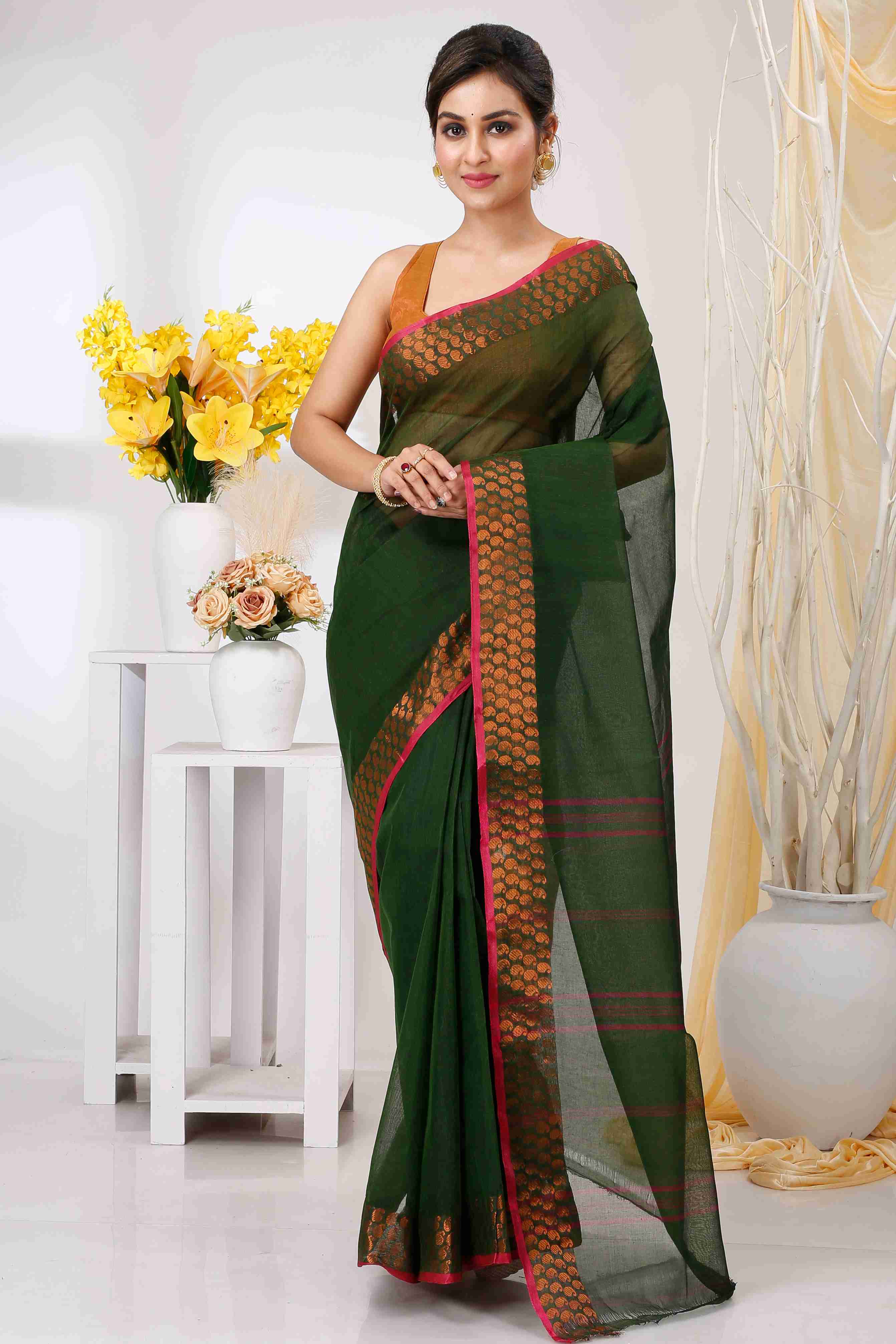 Dark Green Pure Cotton Lilan Tant Saree (1428)