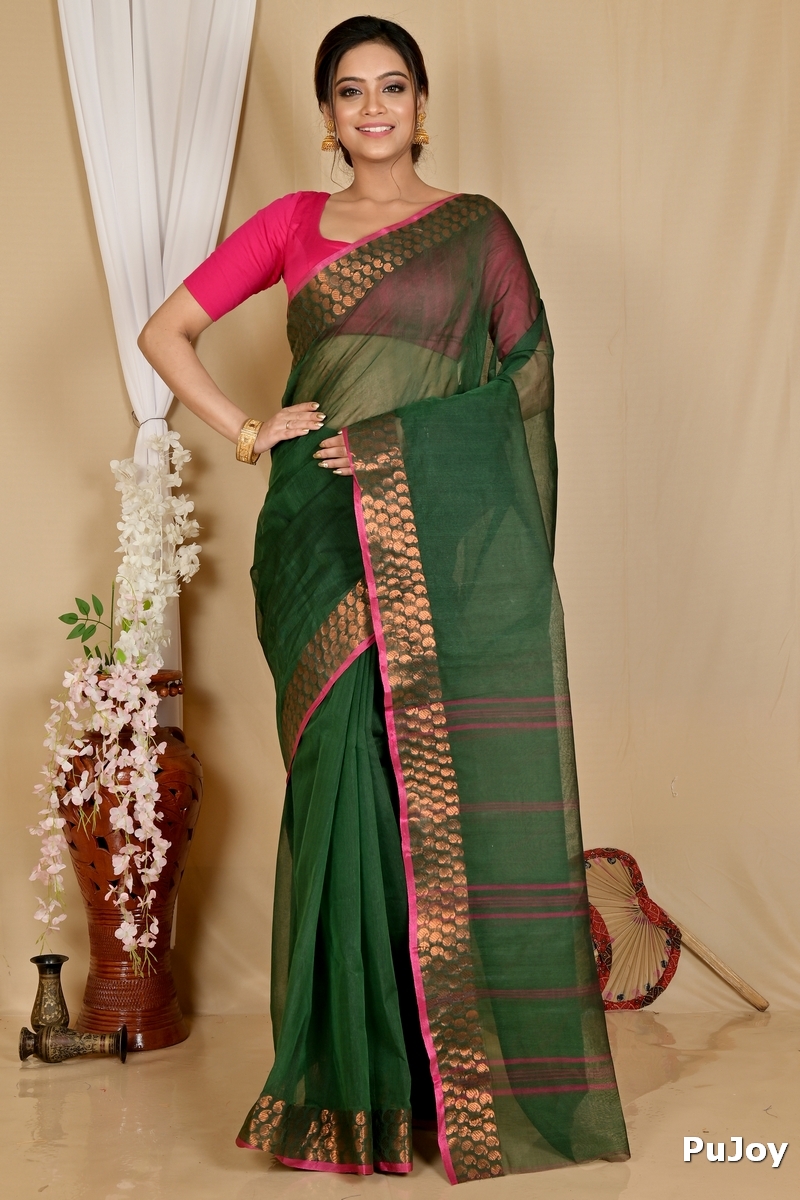 Dark Green Pure Cotton Lilan Tant Saree (1428)